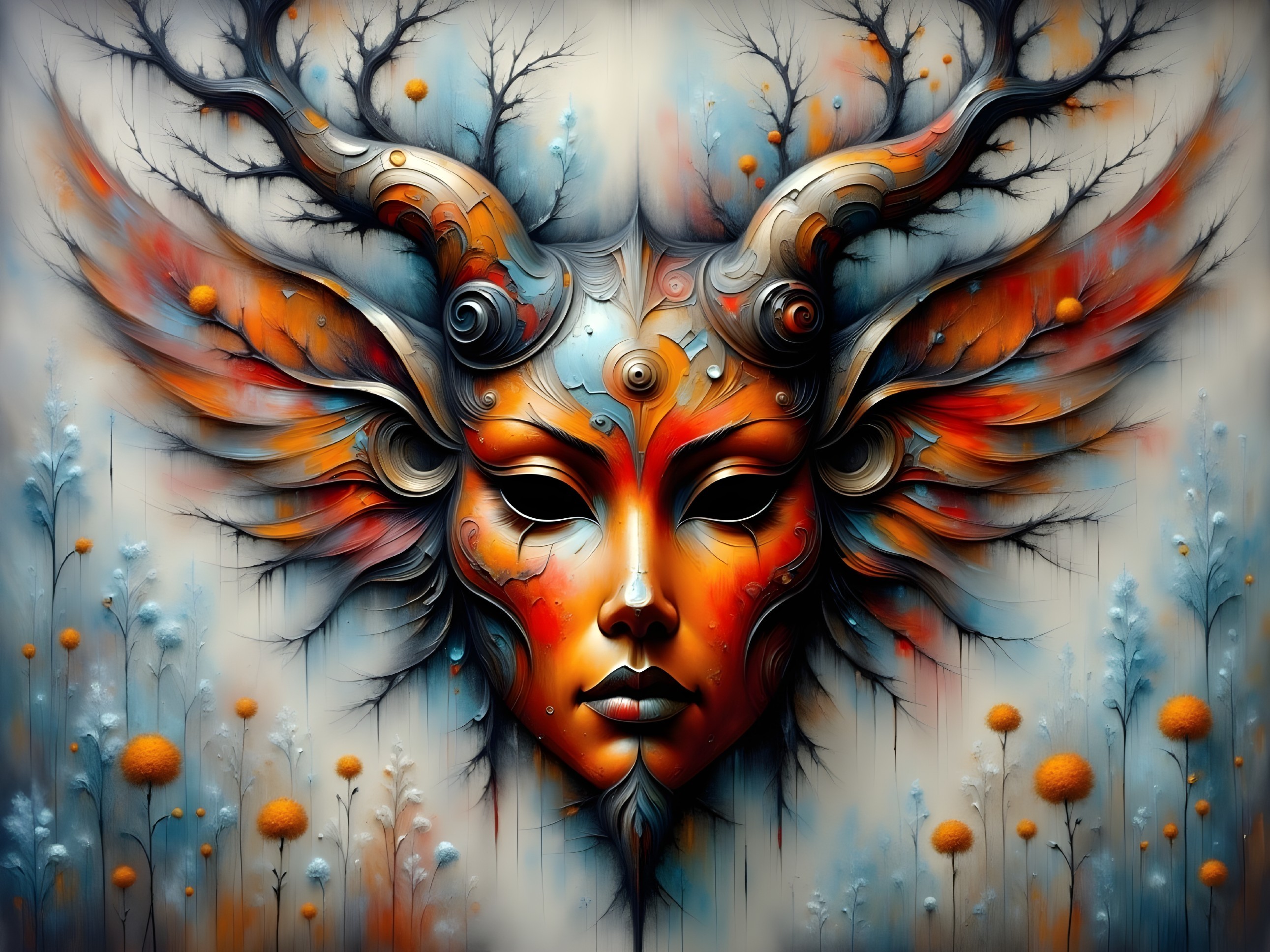Vibrant Mythical Face with Intricate Details and Colors