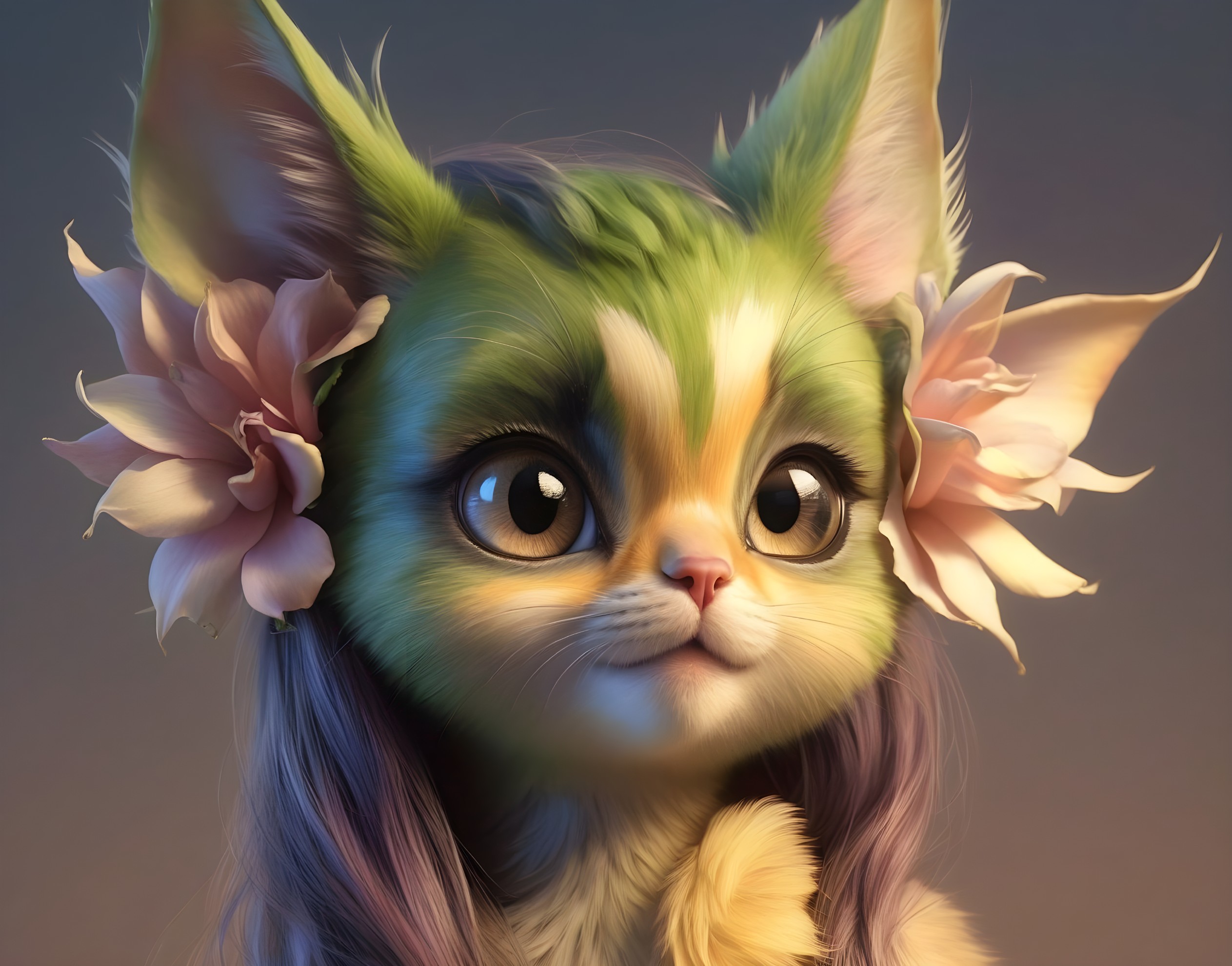 Whimsical creature with large eyes and cat-like features