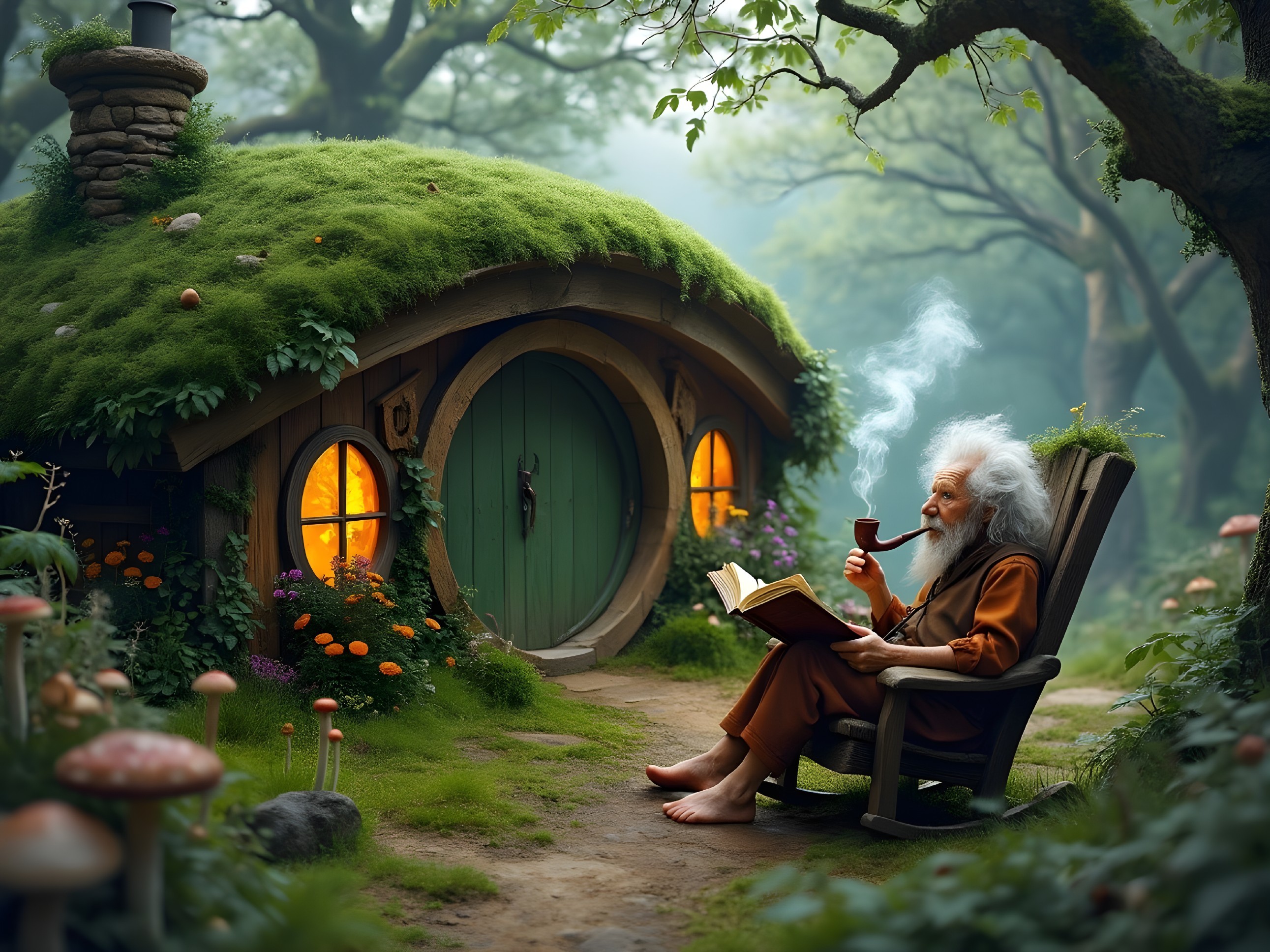 Elderly Figure in Whimsical Hobbit House Scene