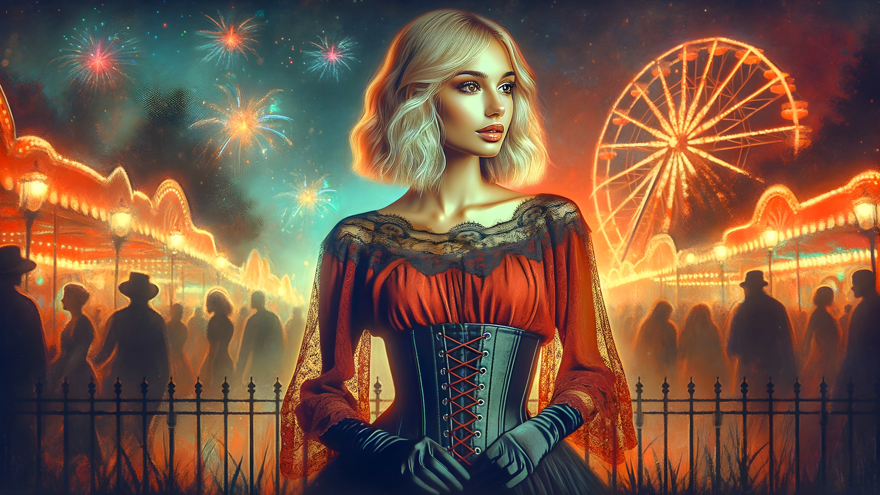 Elegant Woman in Red Dress at Vibrant Carnival Scene