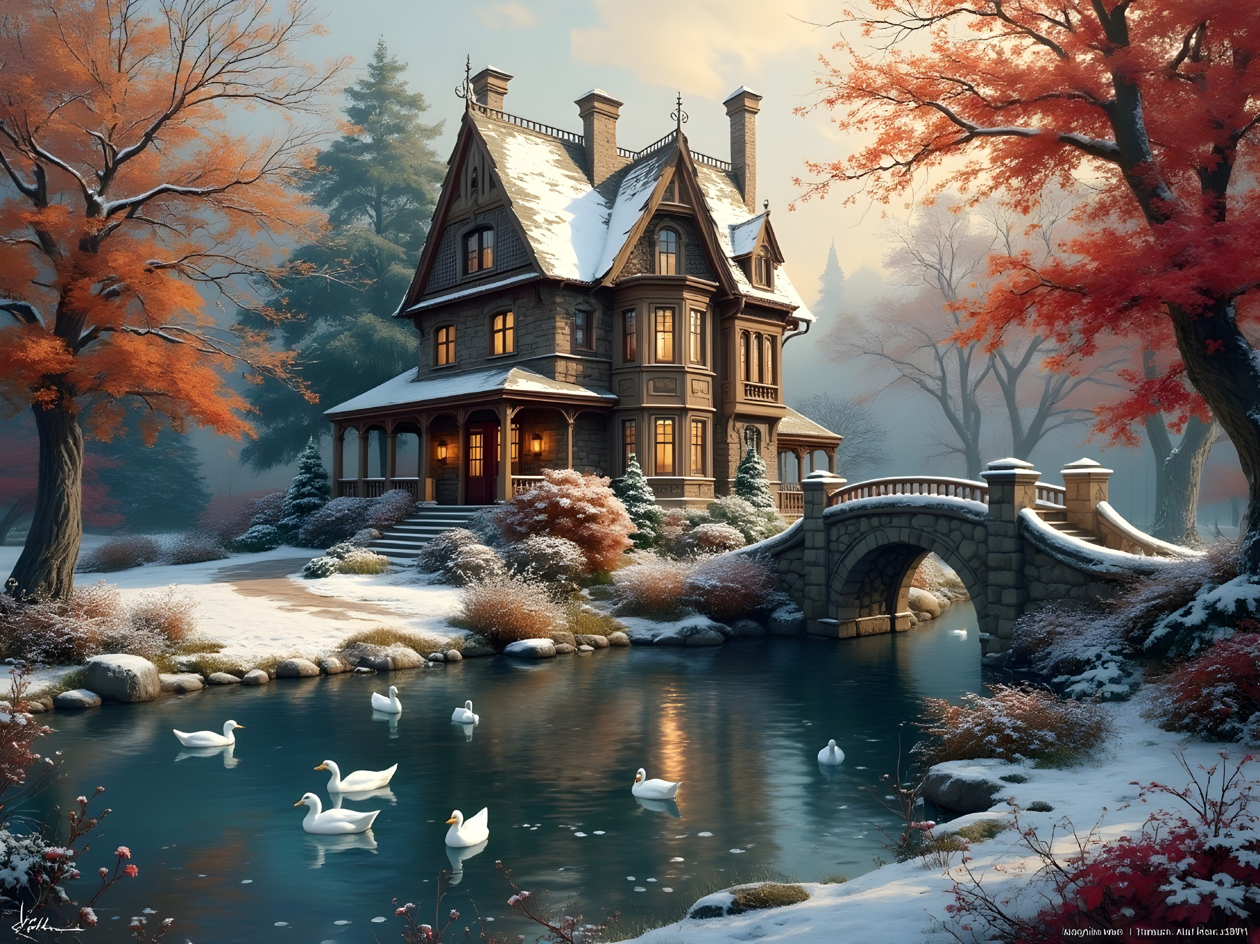 Winter Scene with Cottage by Snowy River and Trees