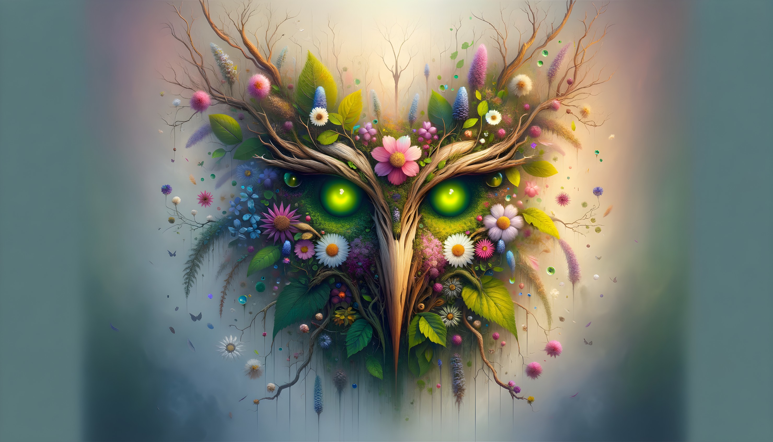 Mystical Face Created from Branches and Flowers