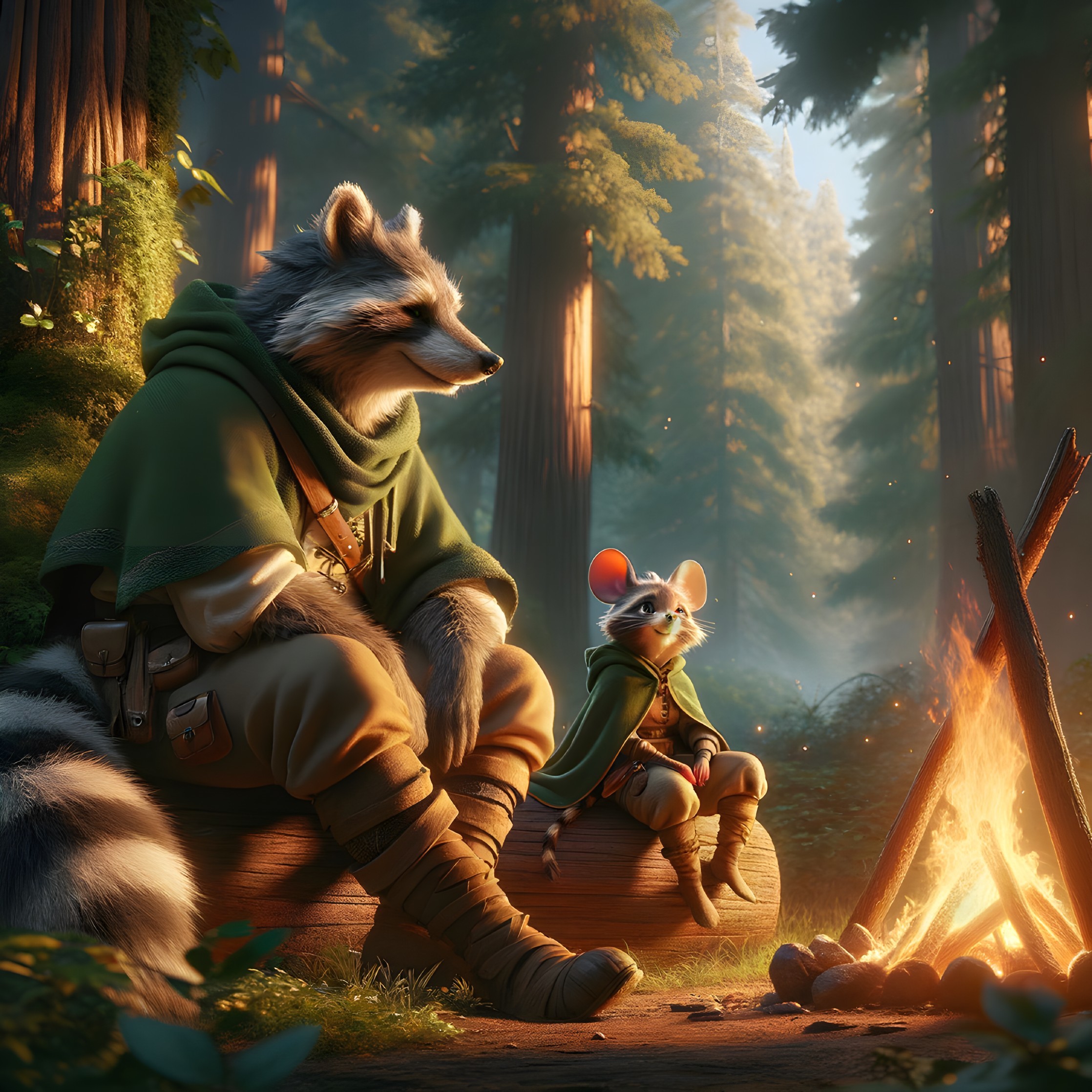 Raccoon and Mouse by a Campfire in a Forest