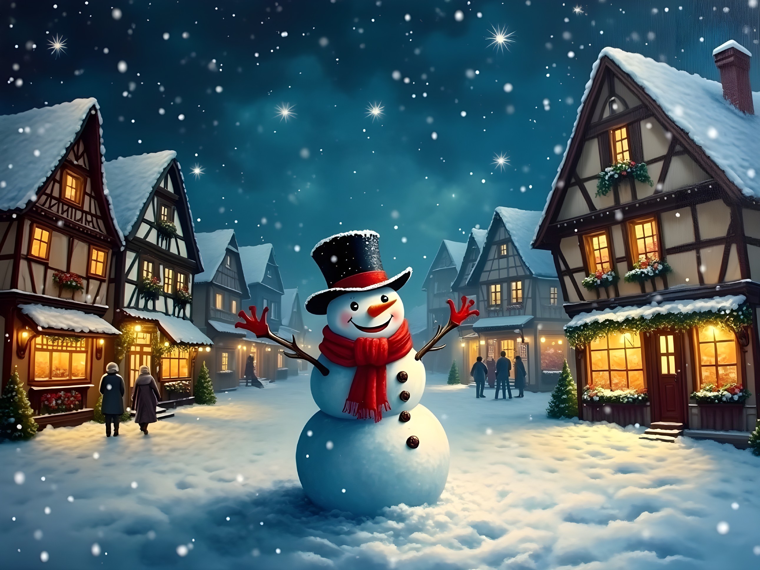 Cheerful Snowman in a Festive Winter Village Scene