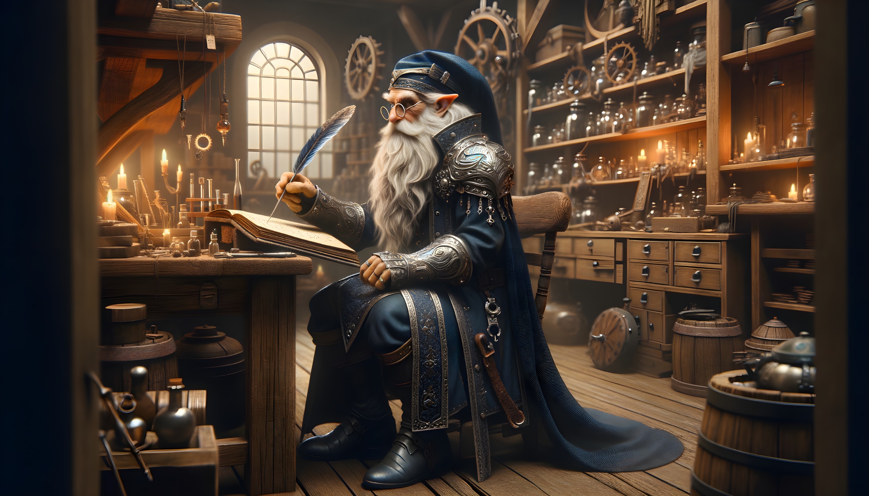 Elderly Wizard Writing in a Mystical Workshop