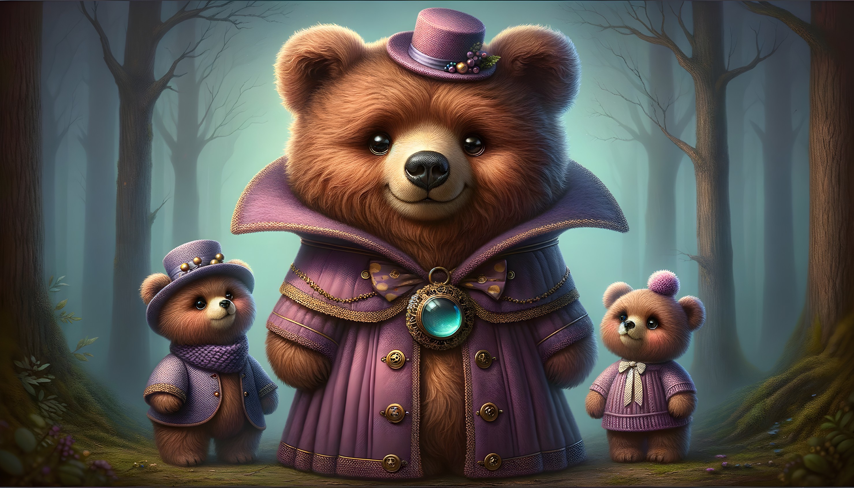 Cartoon Bears in Whimsical Forest with Stylish Outfits