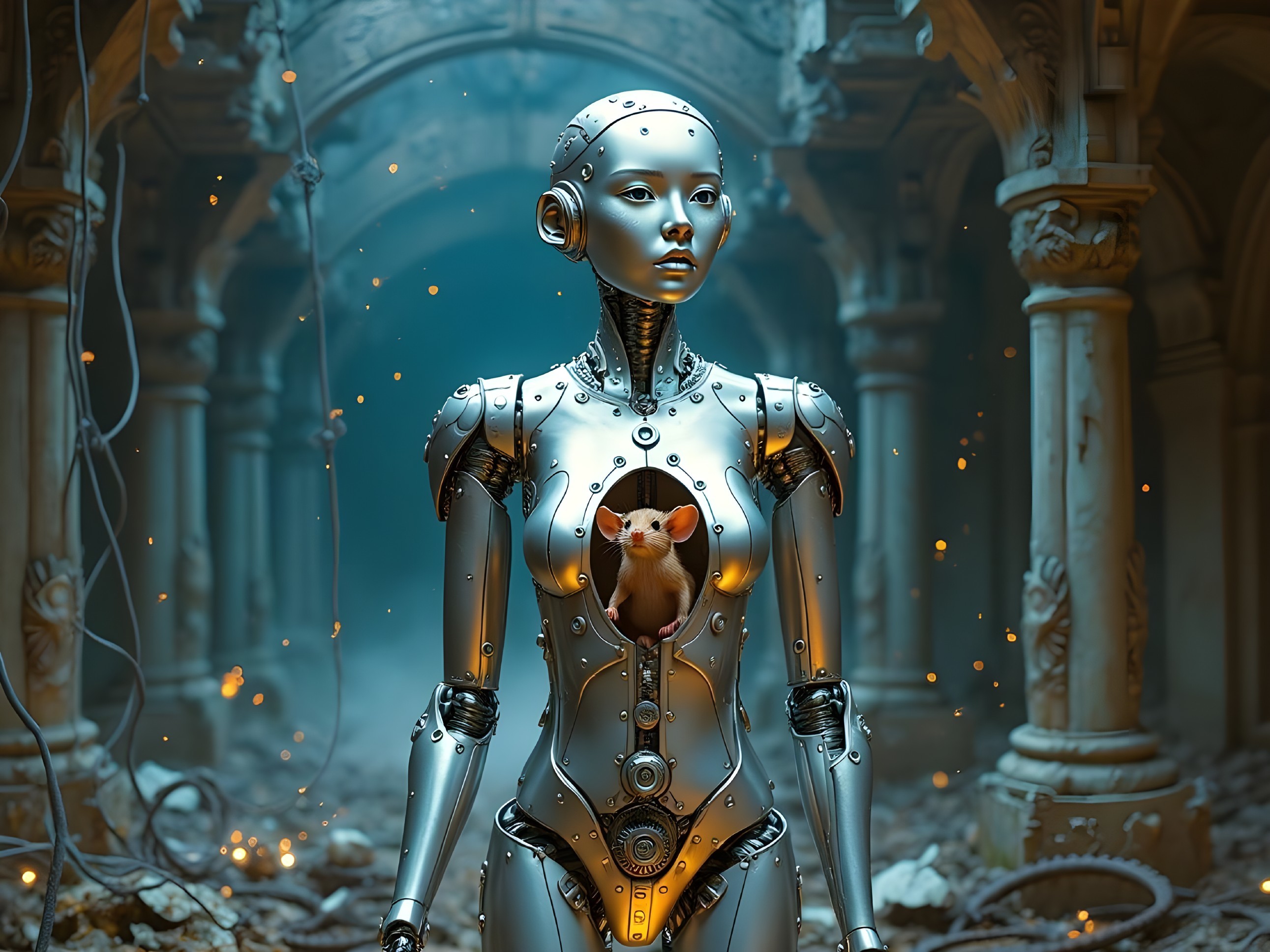 Sleek Robot in Ancient Ruins with Glowing Orb