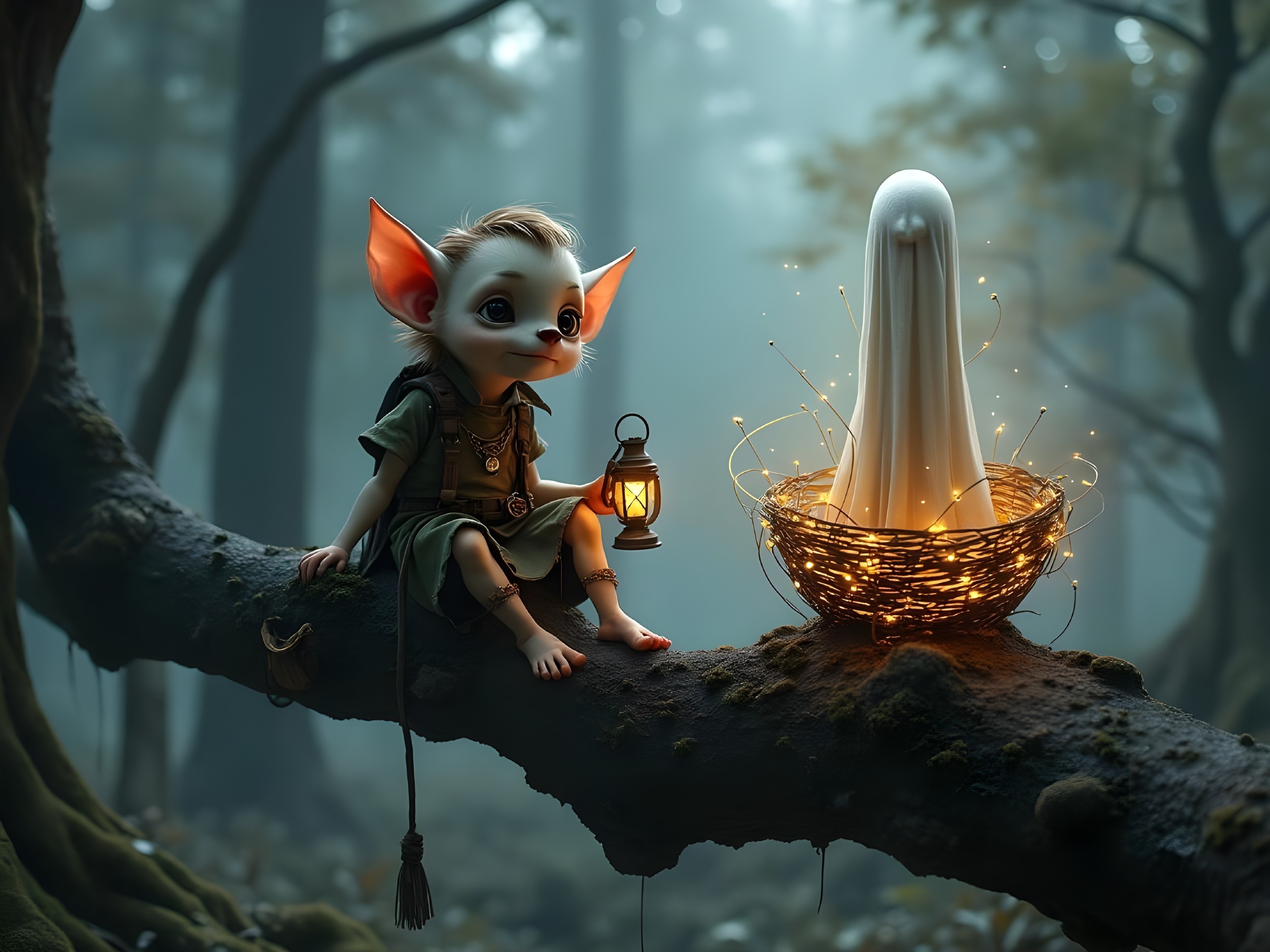 Whimsical Creature with Lantern in Mystical Forest