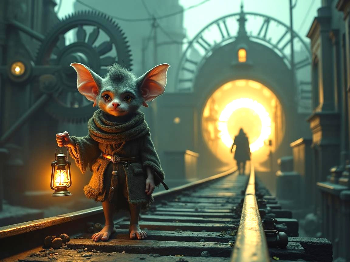 Whimsical Creature on Railway Track in Mystical Setting