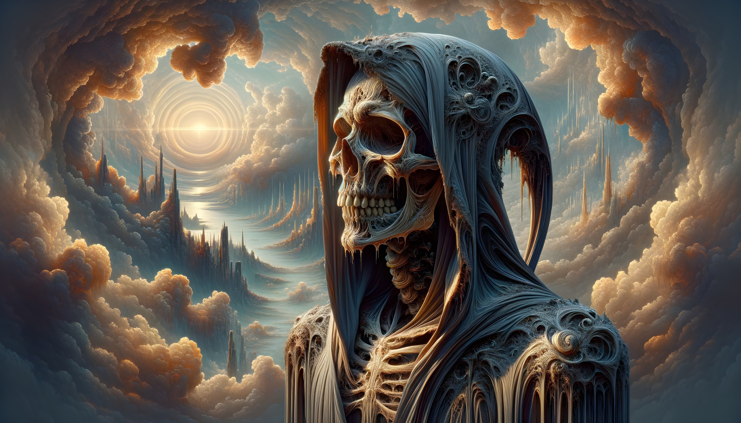 Cloaked Skeletal Figure Against Dramatic Clouds and Sun