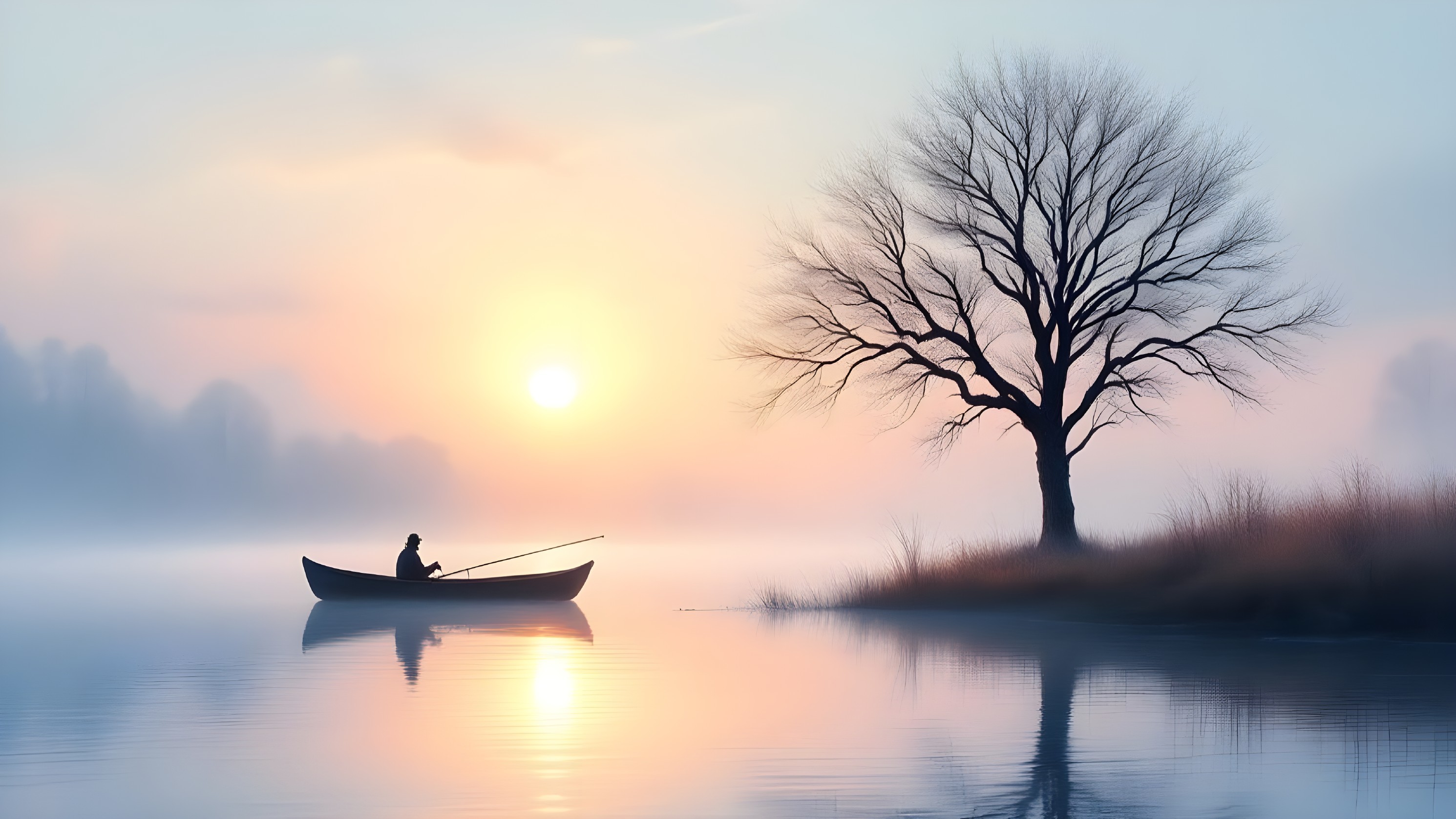 Serene Dawn Landscape with Fisherman and Calm Waters