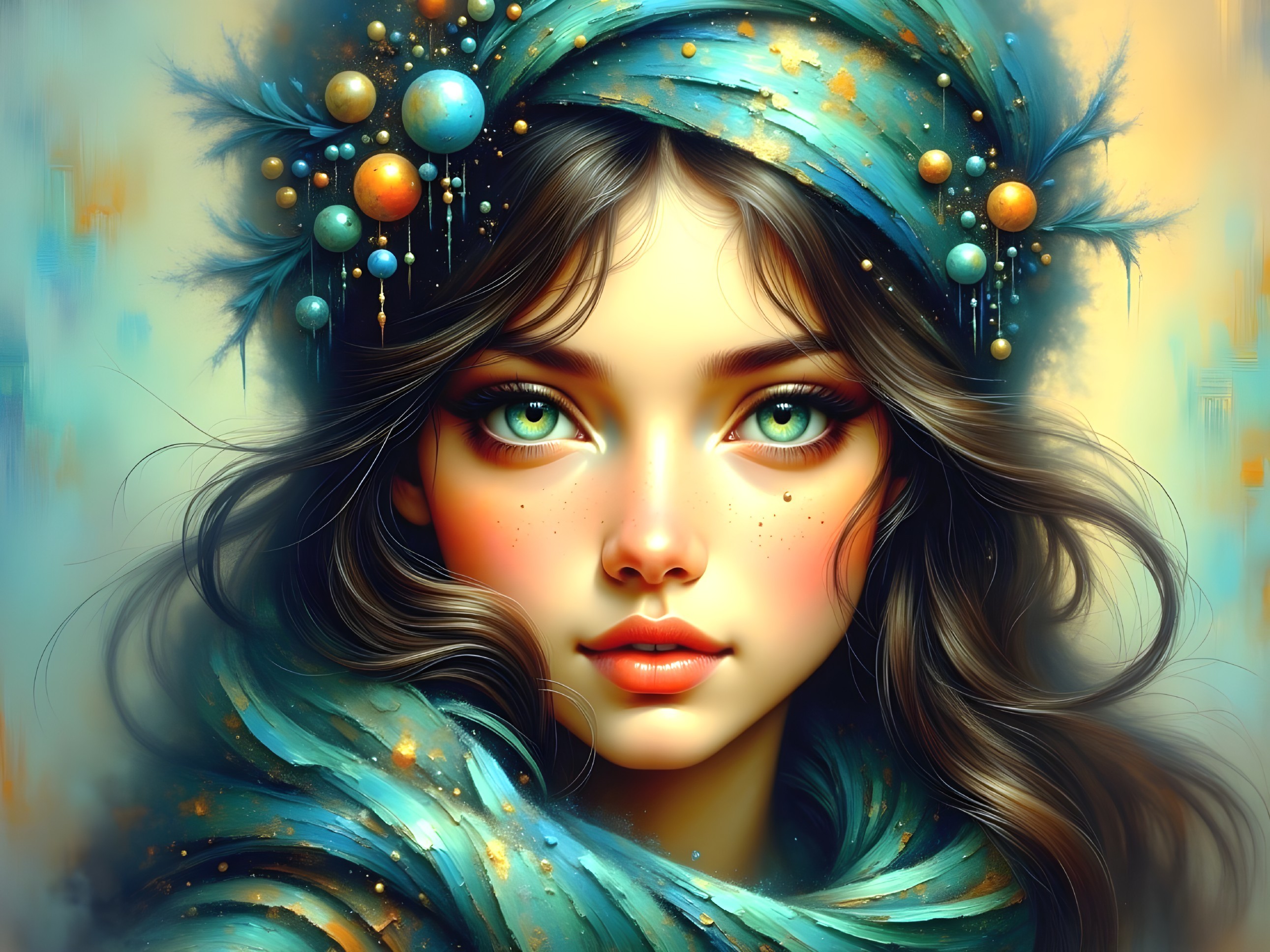 Portrait of a Young Woman with Green Eyes and Scarf