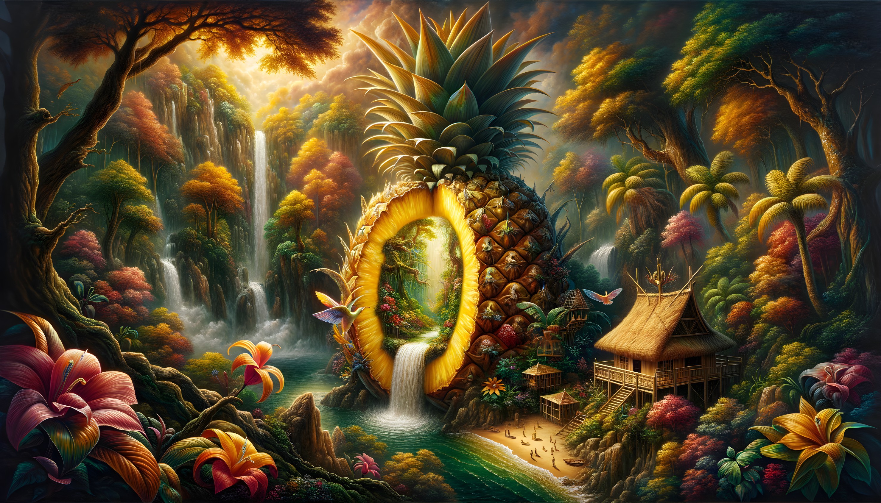 Whimsical Landscape with Giant Pineapple and Waterfalls