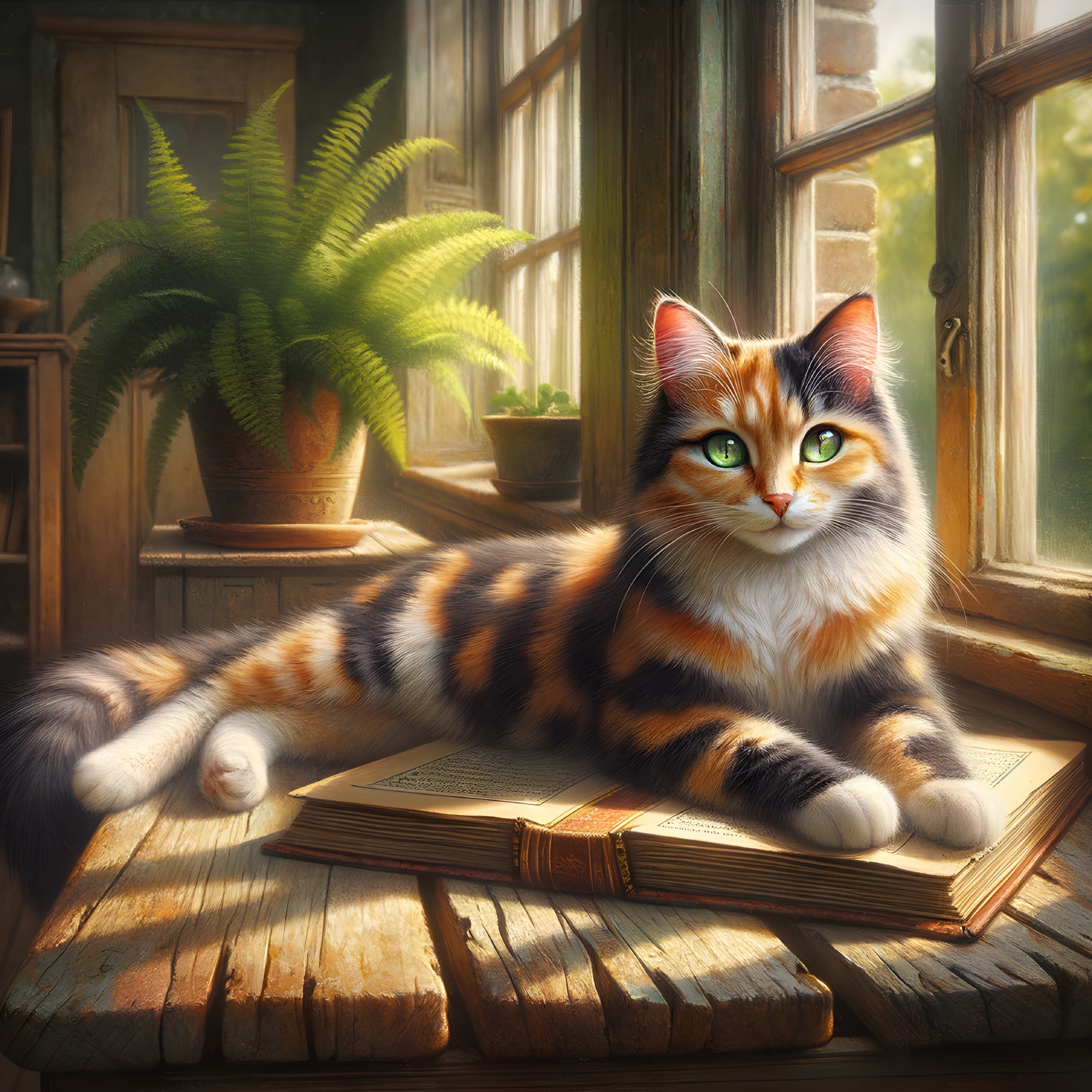Calico Cat Relaxing on Book in Sunlit Interior