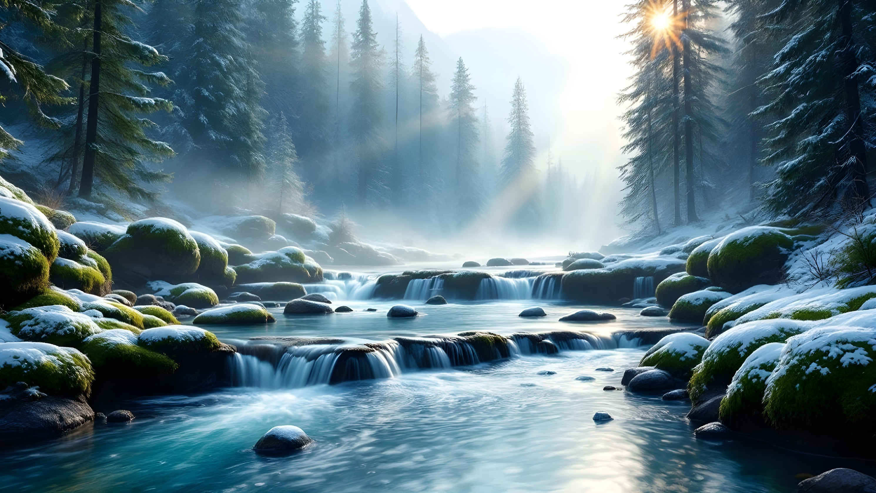 Serene Winter Landscape with Tranquil River and Mist