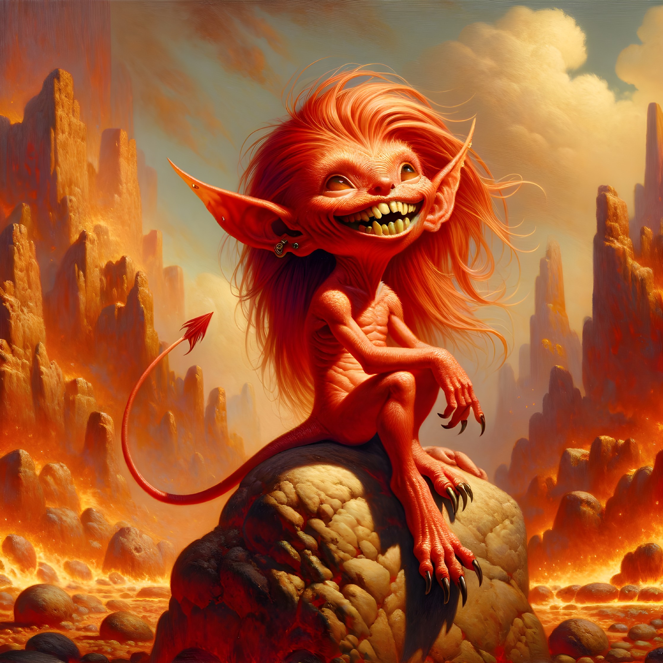 Red-skinned creature in a fiery landscape with boulder