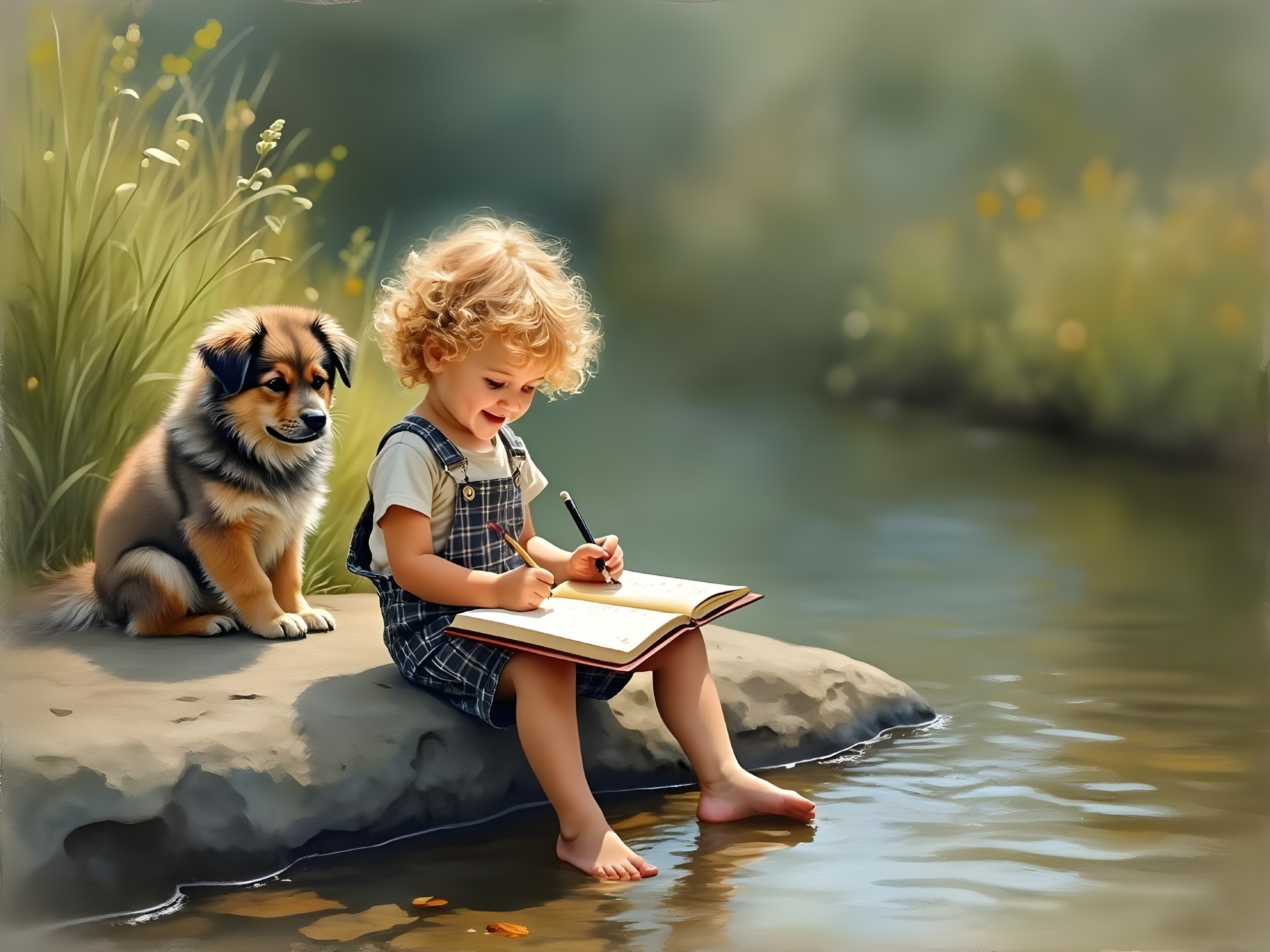 Child Writing by a Stream with a Dog Nearby