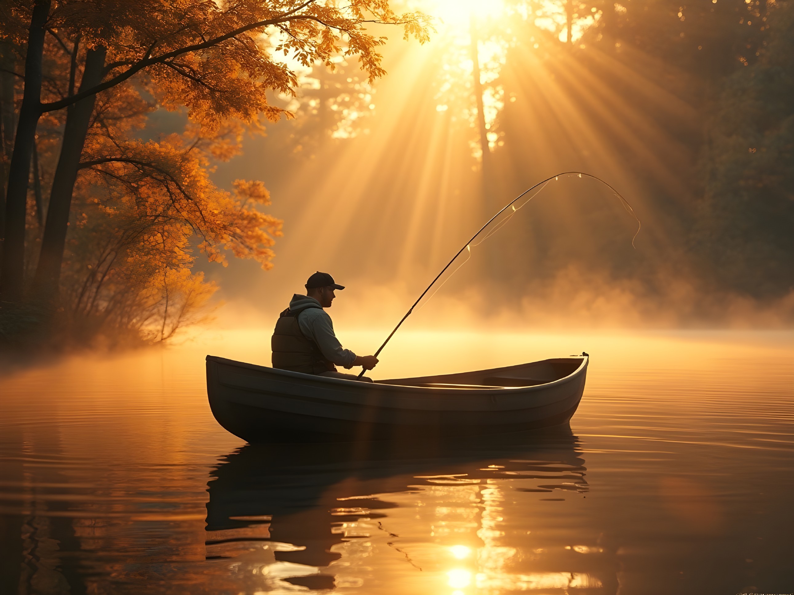 Lone Fisherman on Misty Lake at Sunrise