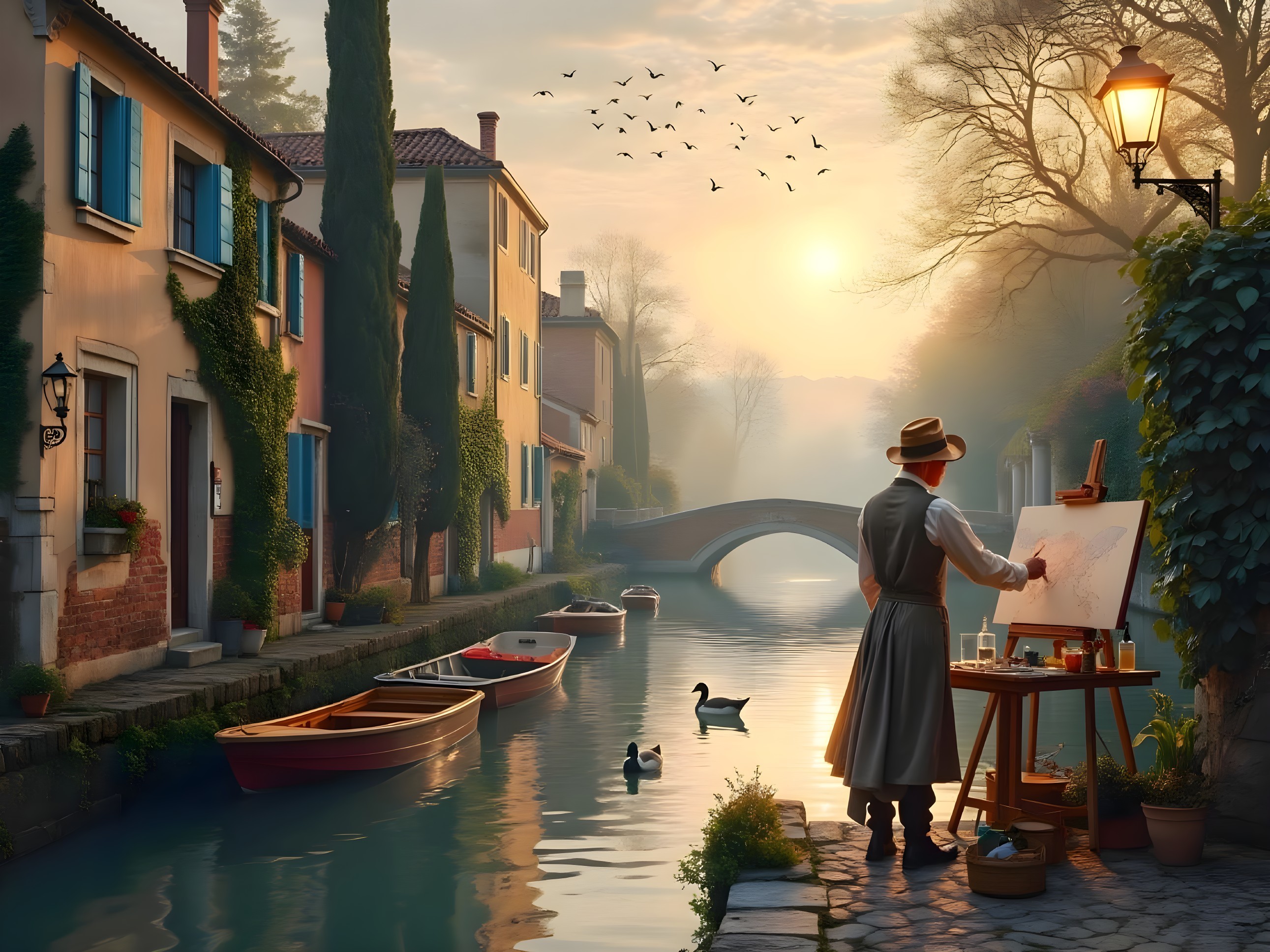 Morning Scene of an Artist by a Tranquil Canal
