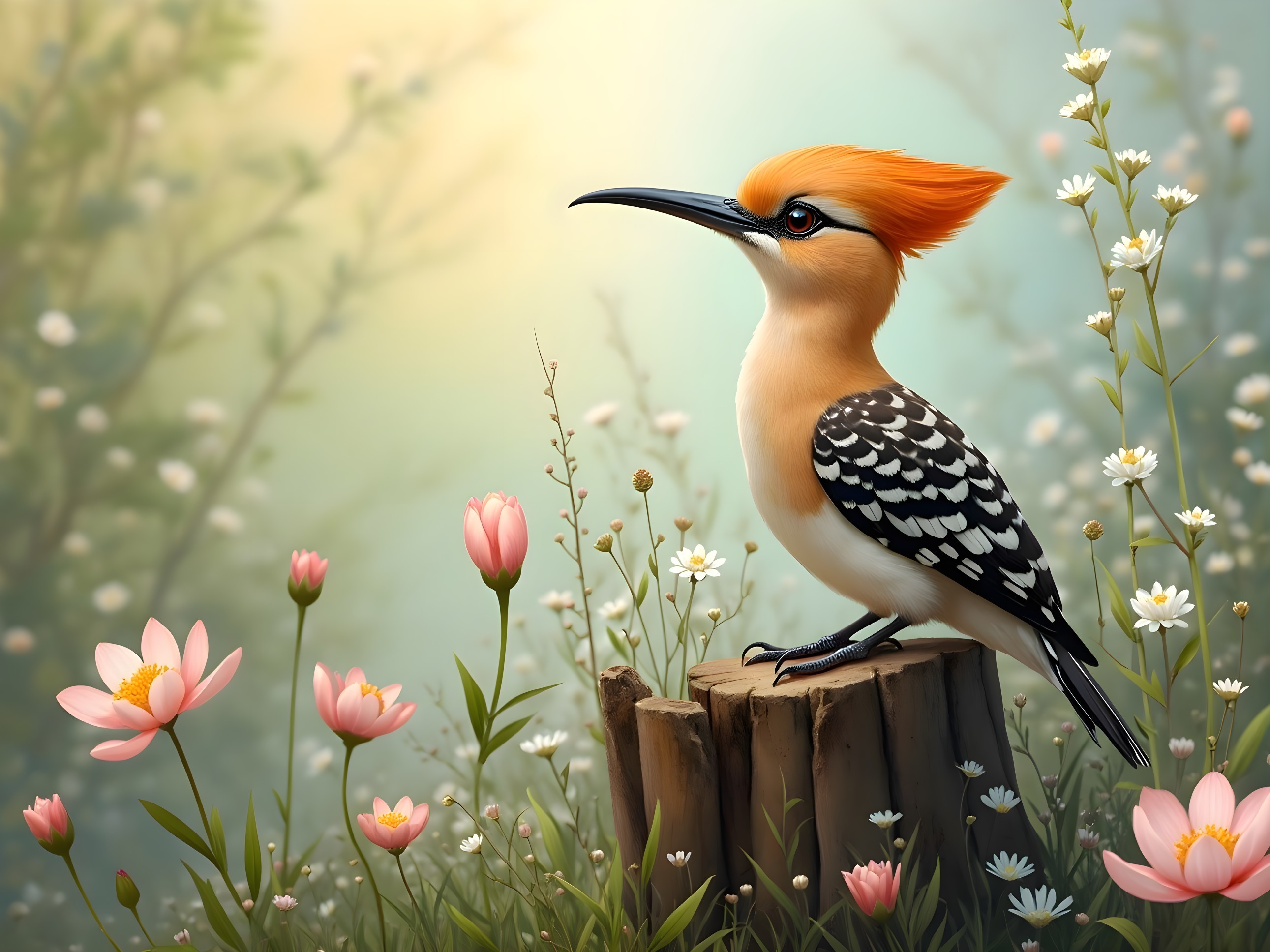 Vibrant Bird with Orange Crest in Serene Setting
