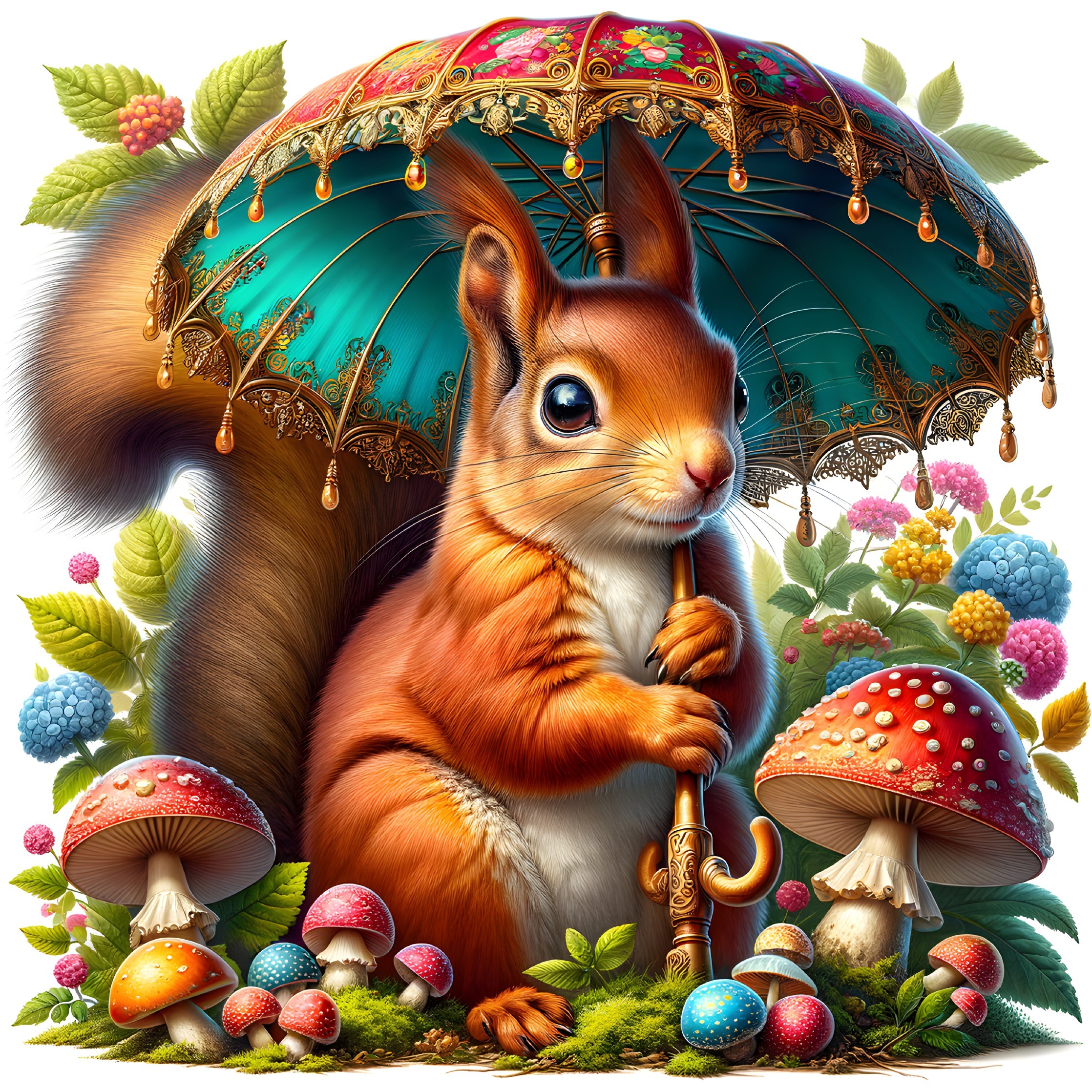 Cartoon Squirrel Under Turquoise Umbrella in Nature