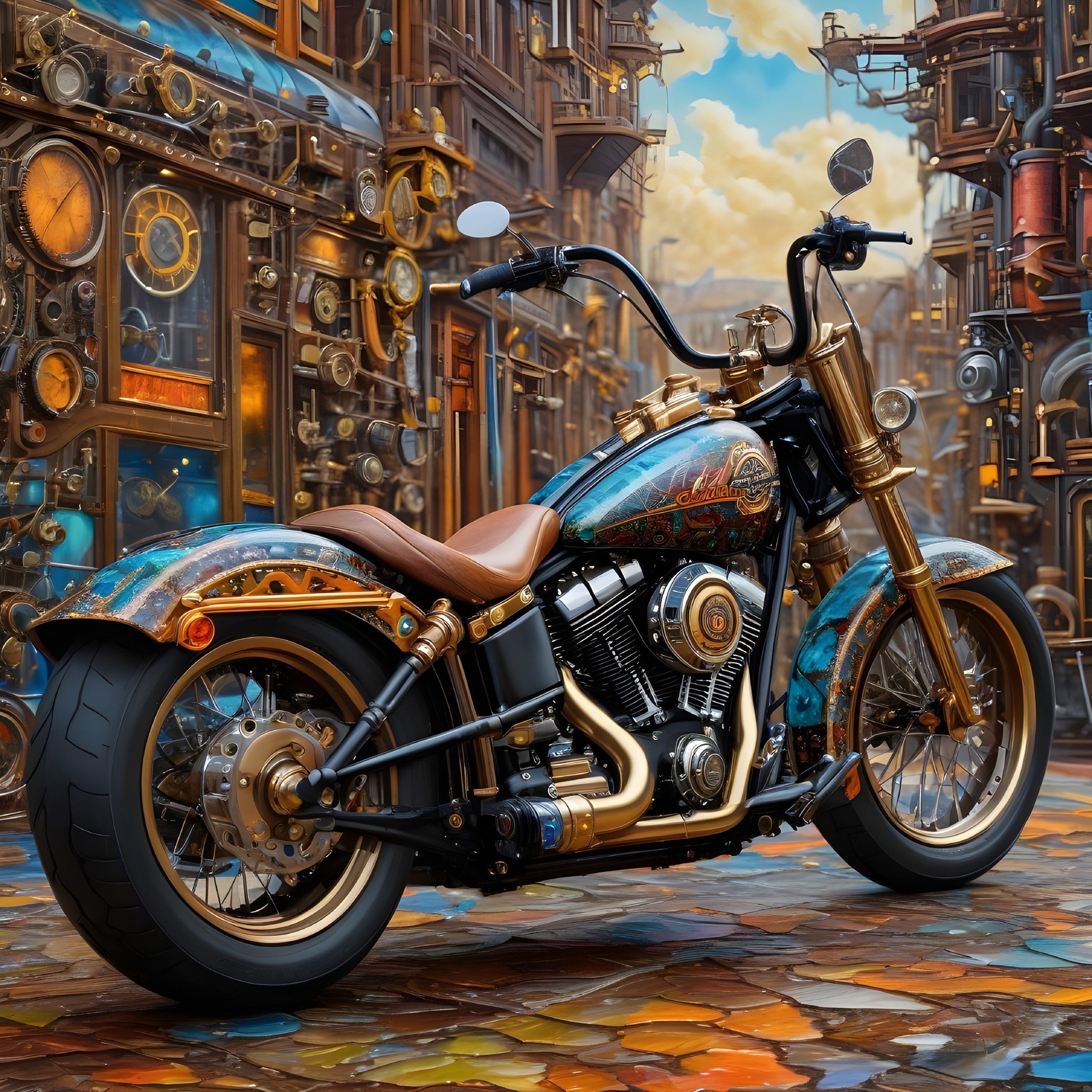 Classic Motorcycle in Steampunk City Setting