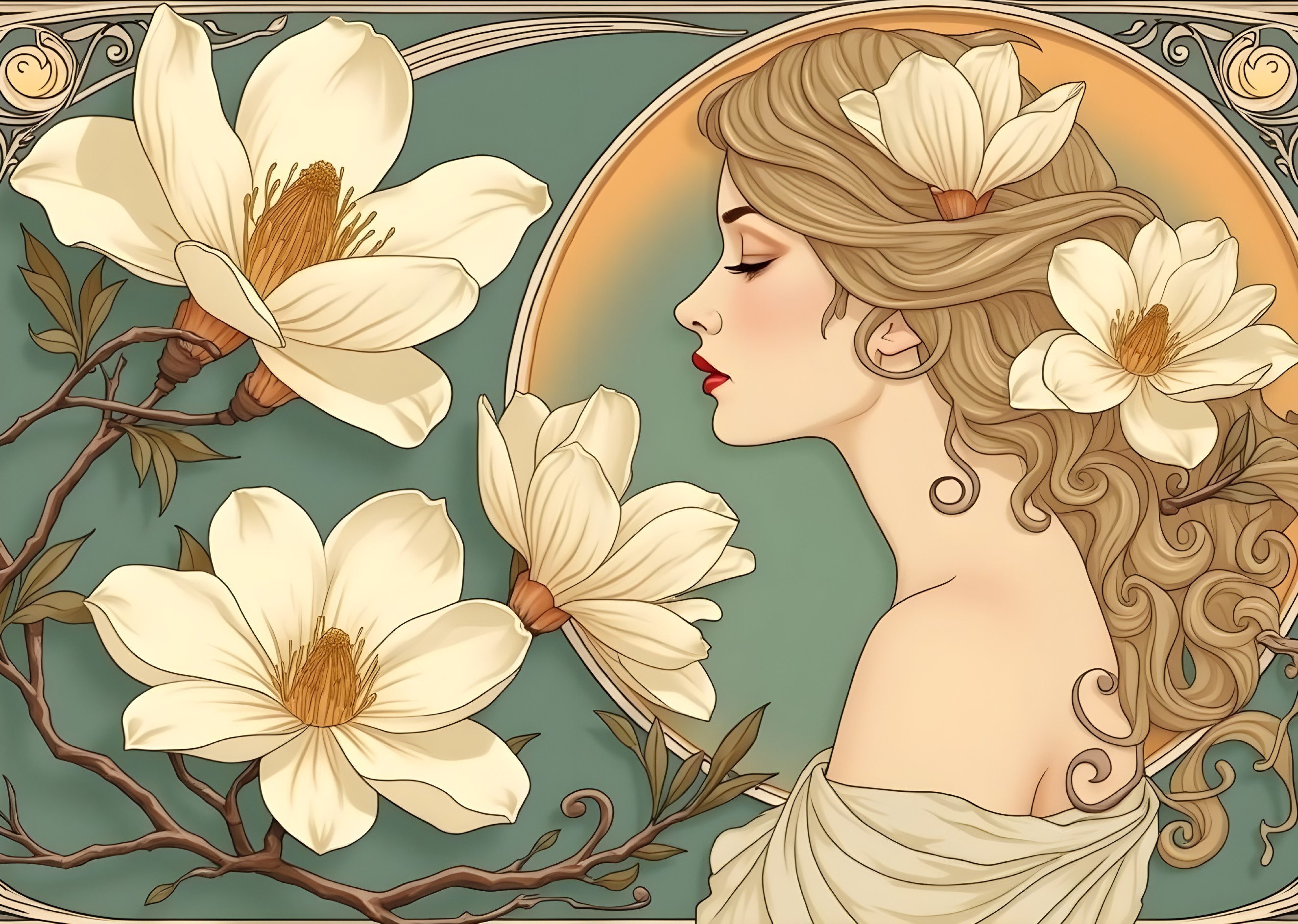 Serene Woman's Profile with Magnolia Blossoms