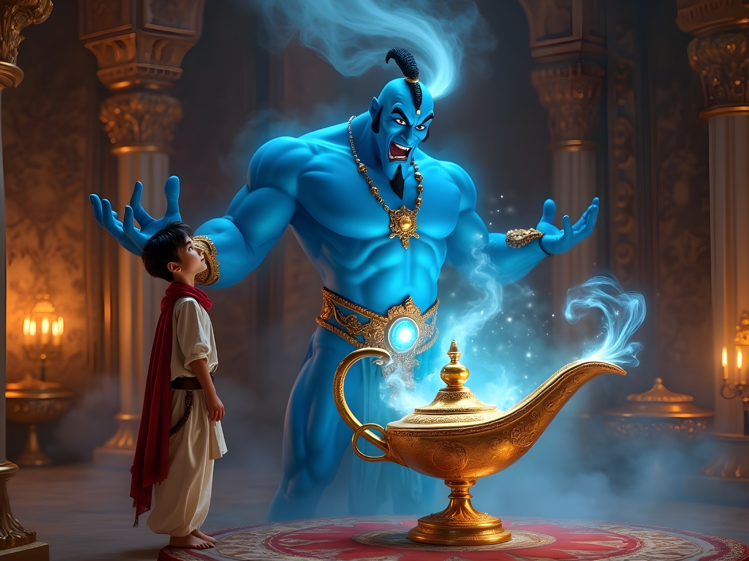A young boy encounters a majestic blue genie in a chamber