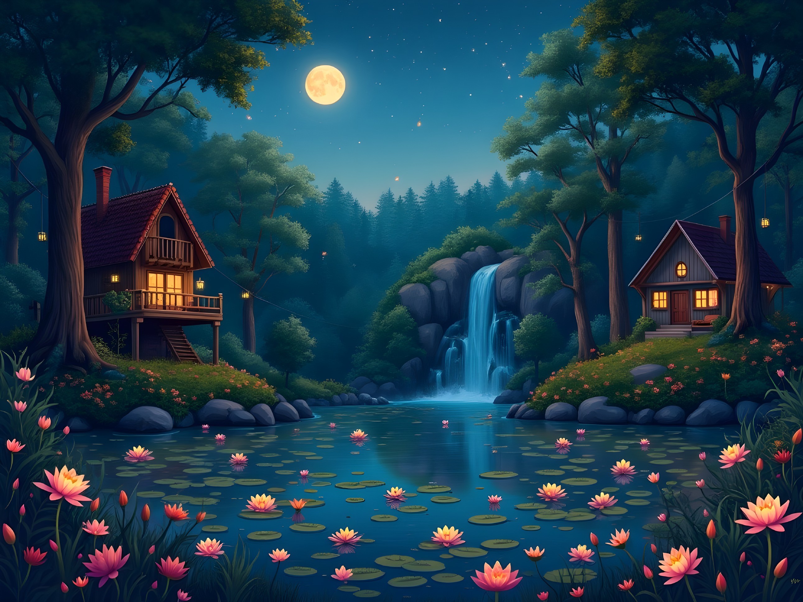Serene Nighttime Scene with Cottages and Waterfall