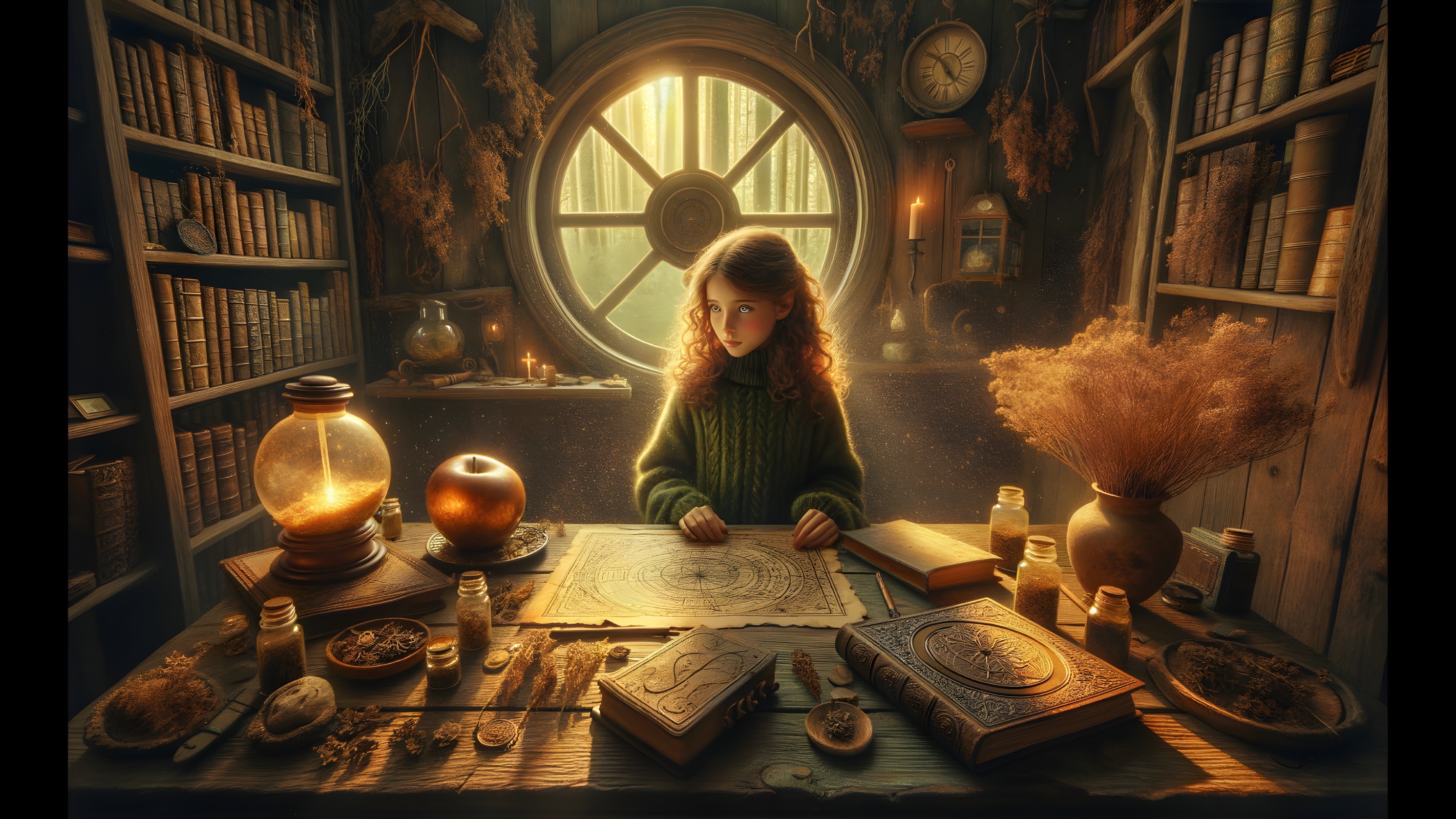 Young girl studying an ancient map in a cozy room