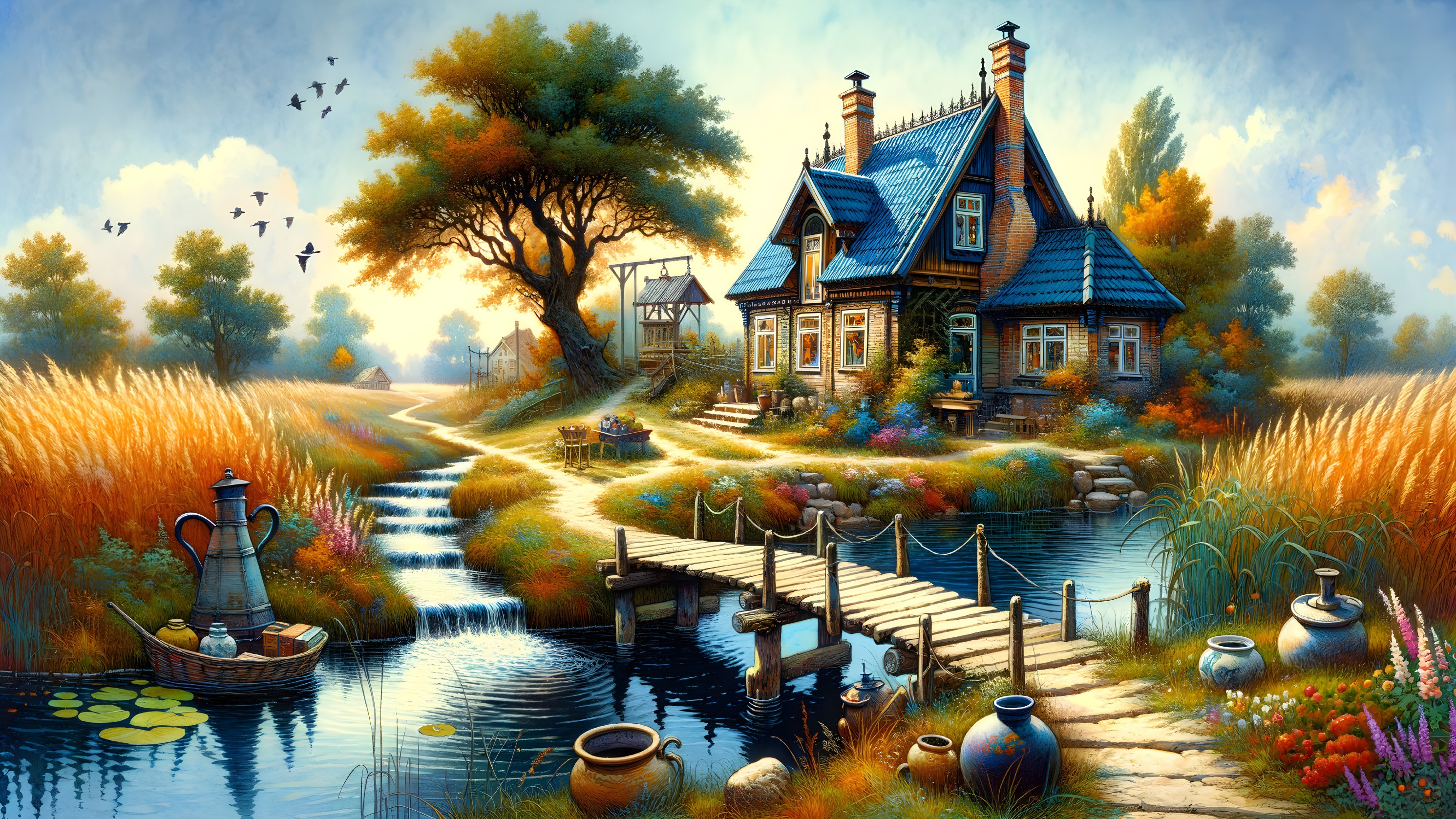 Cottage with Blue Roof Surrounded by Autumn Foliage