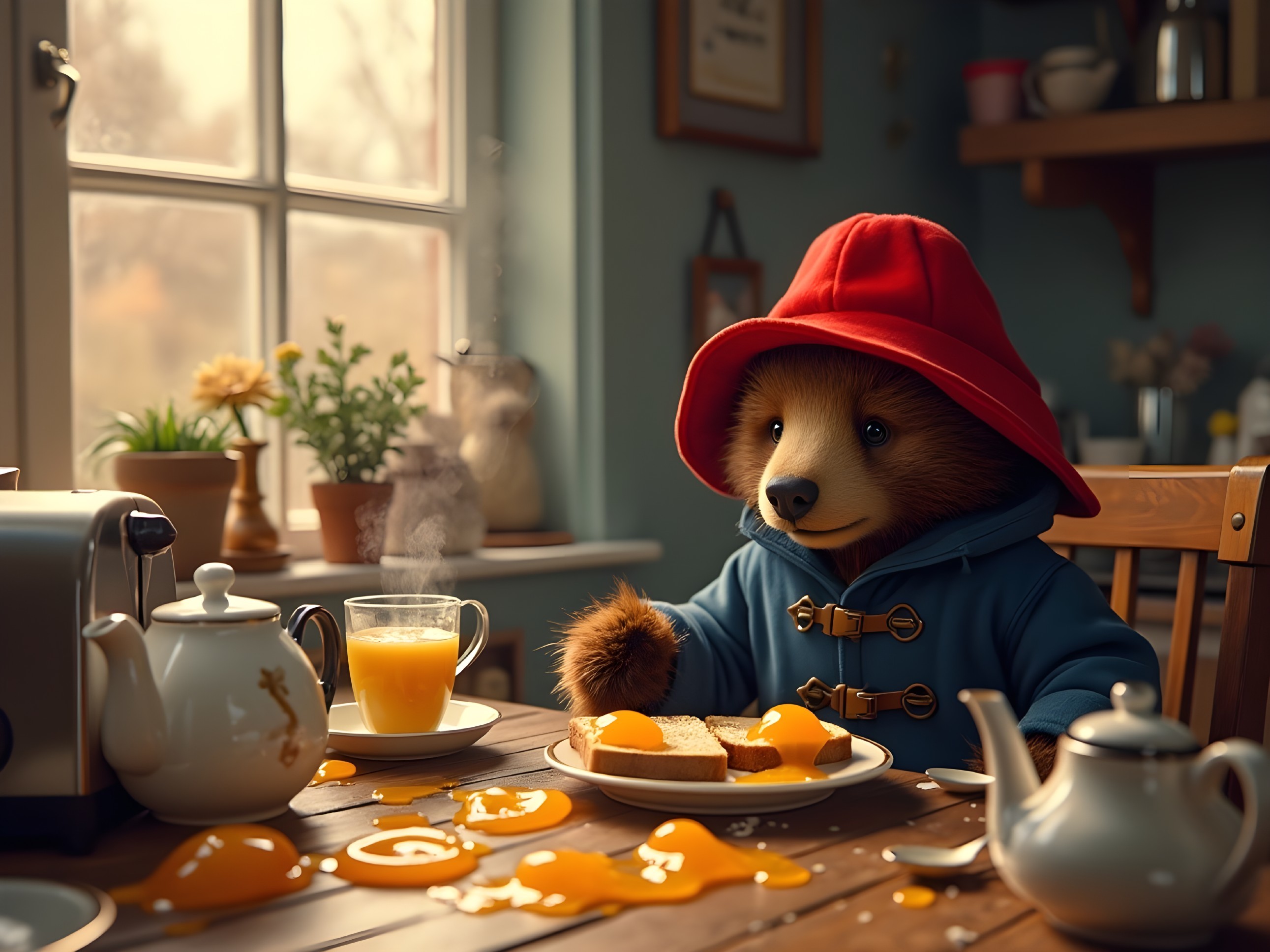 Cozy Kitchen Scene with Bear Enjoying Breakfast