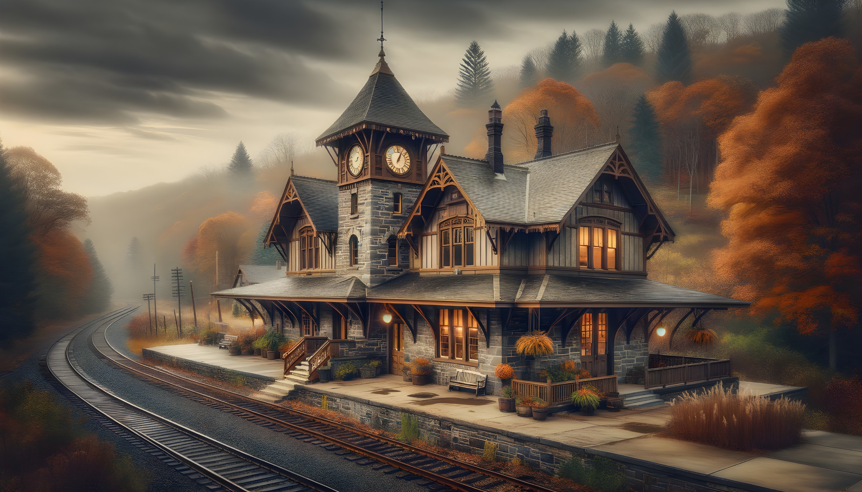 Vintage train station amid autumn foliage and mist