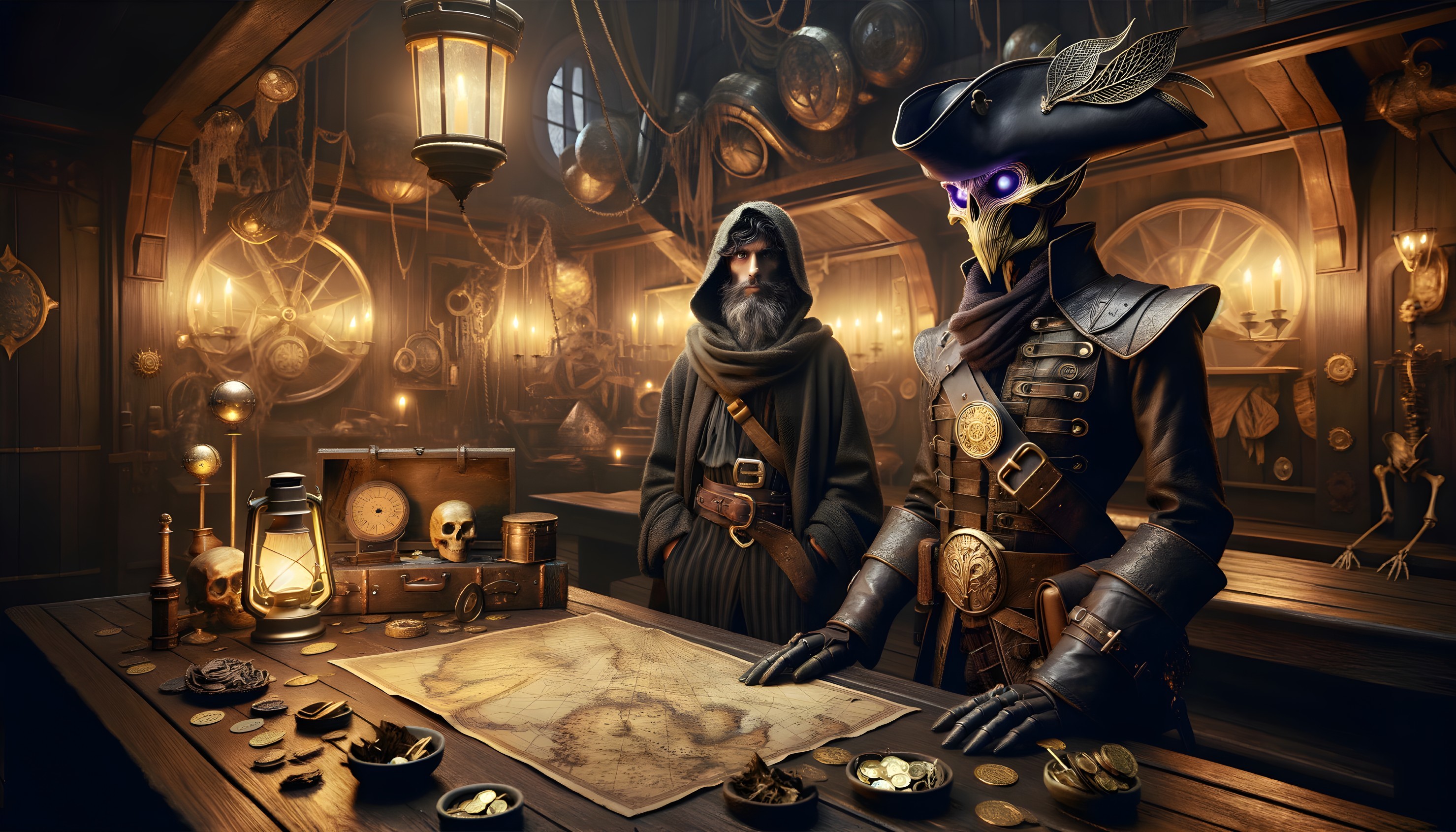 Skeletal Pirate Captain Examines Treasure Map in Tavern