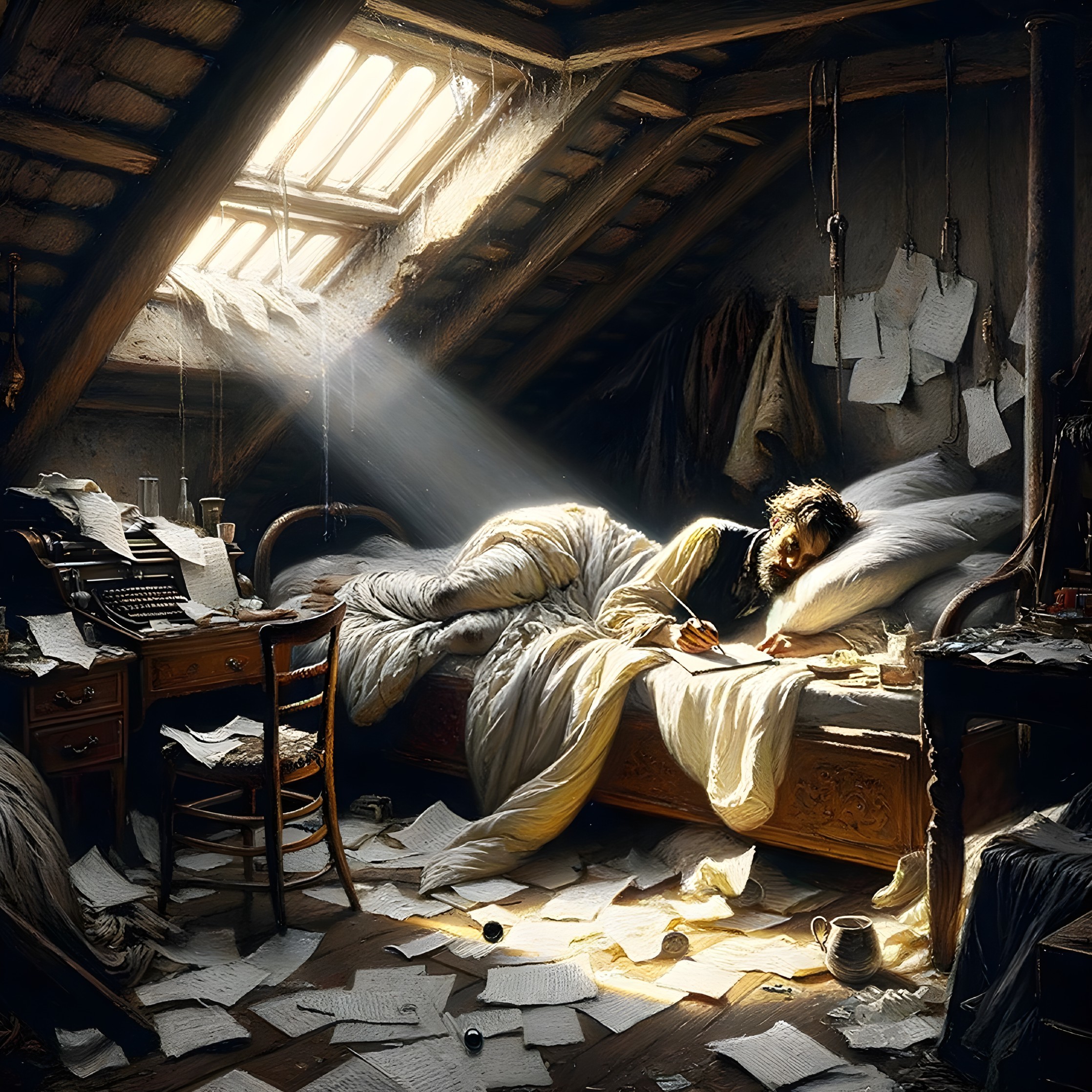 Person sleeping at cluttered desk in sunlit attic bedroom.