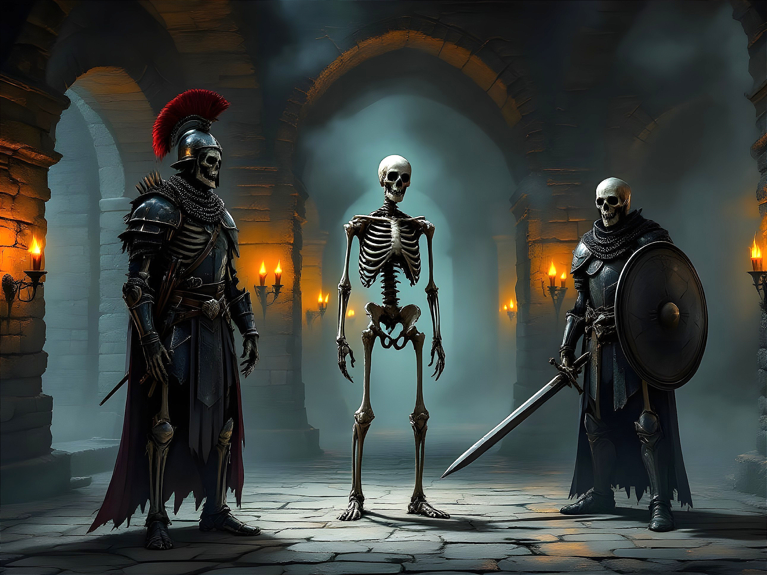 Armored Skeleton Warriors in Dimly Lit Chamber