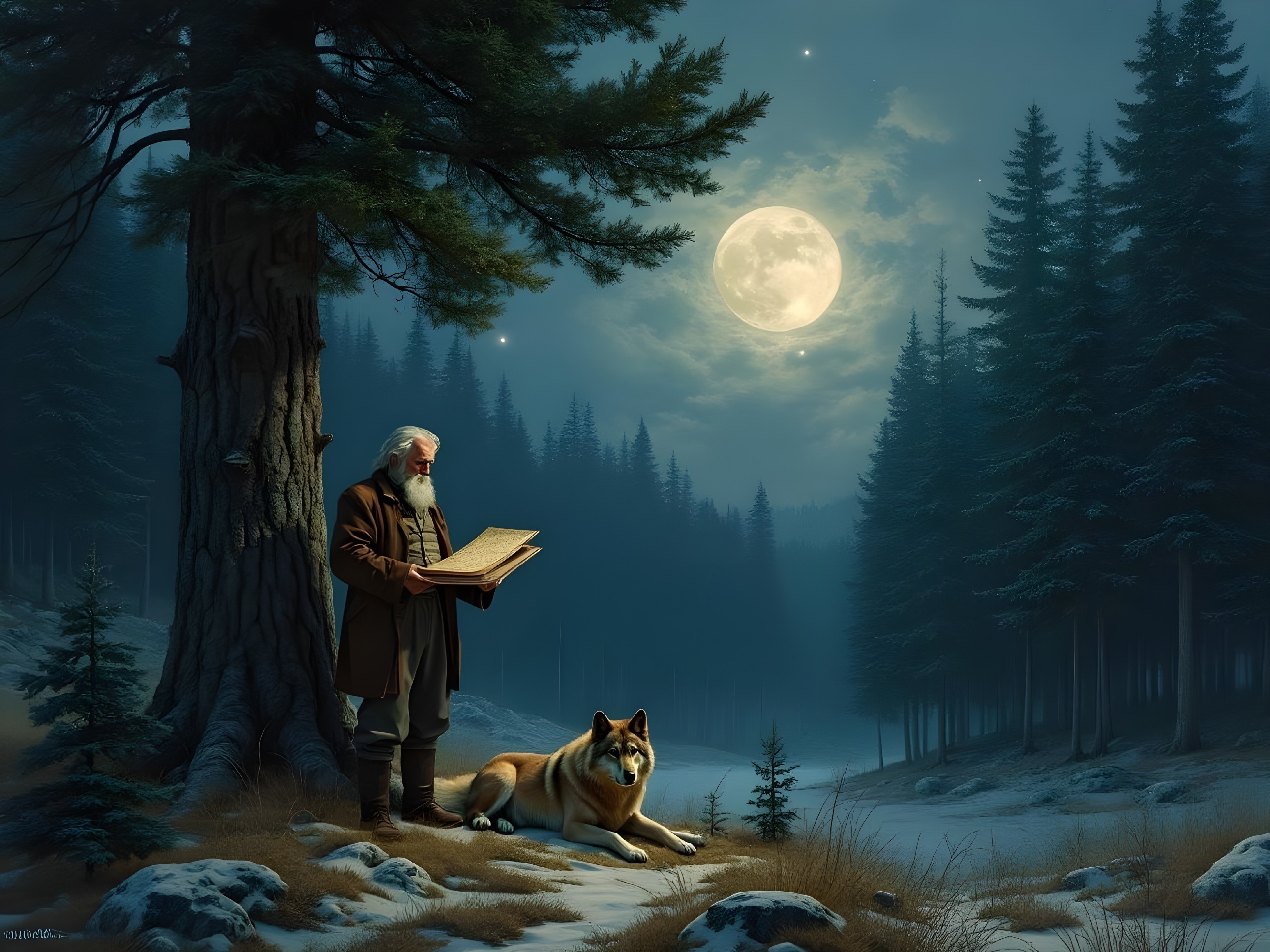 Elderly Man Reading in Moonlit Forest with Dog