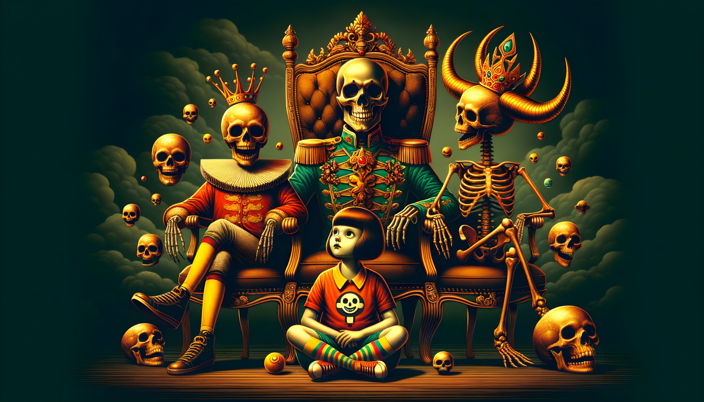 Skeletons in Regal Attire Surrounding a Child on Throne