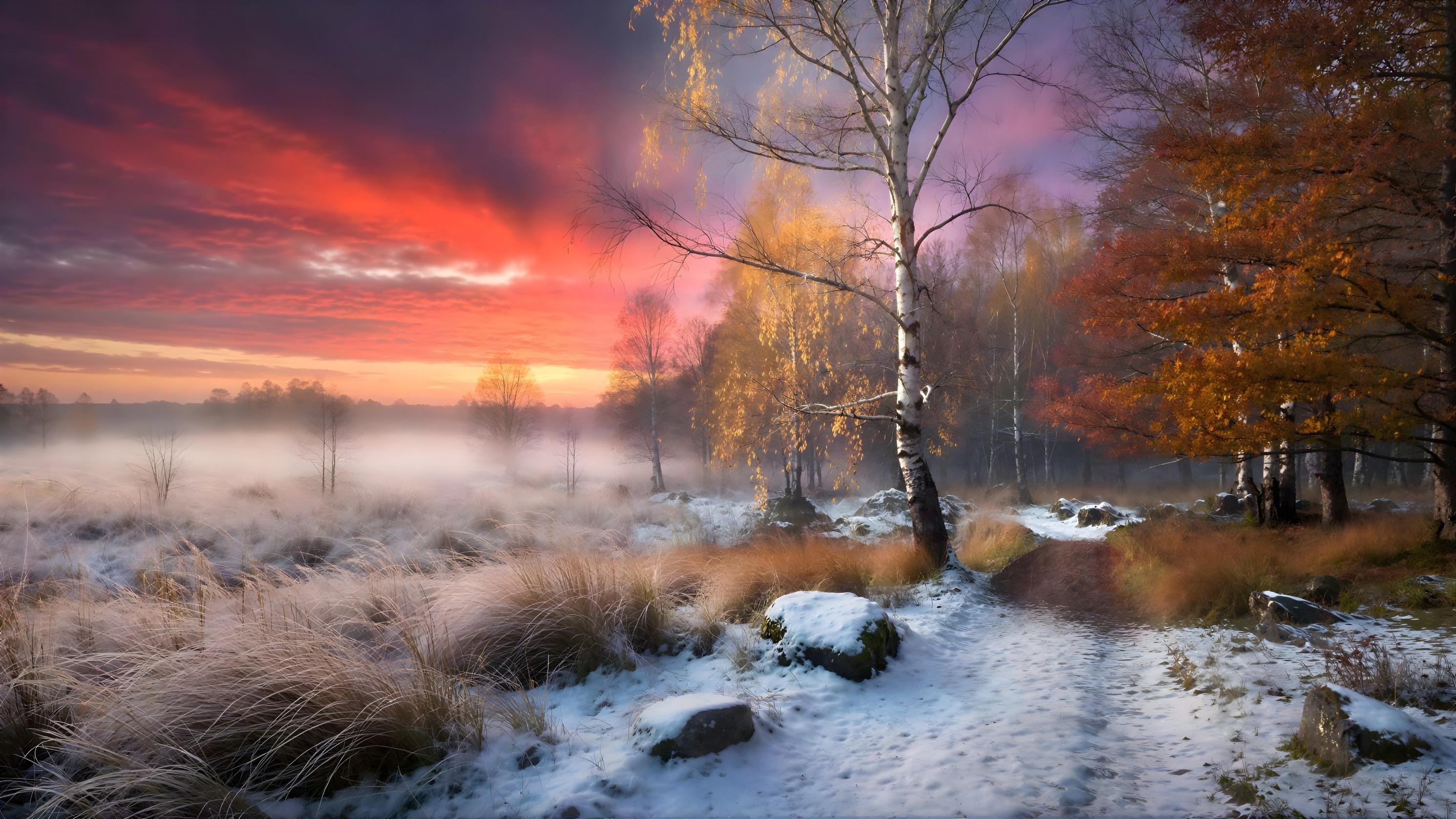 Vibrant Sunrise Over Misty Autumn Forest Landscape