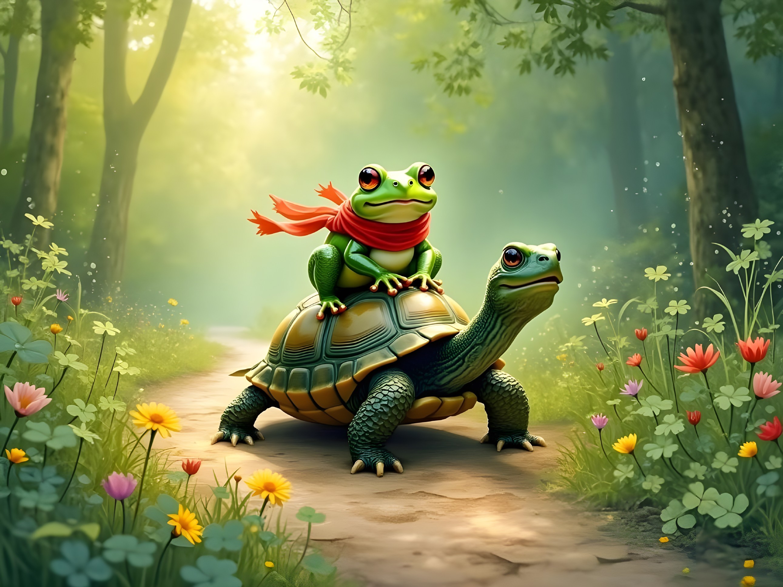 Cheerful Frog on Turtle in Sunlit Forest Path