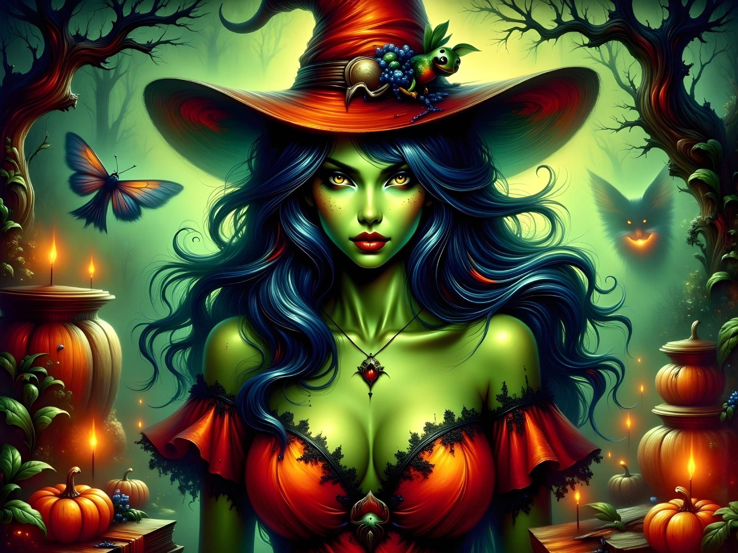 Green-Skinned Witch in Mystical Forest Setting