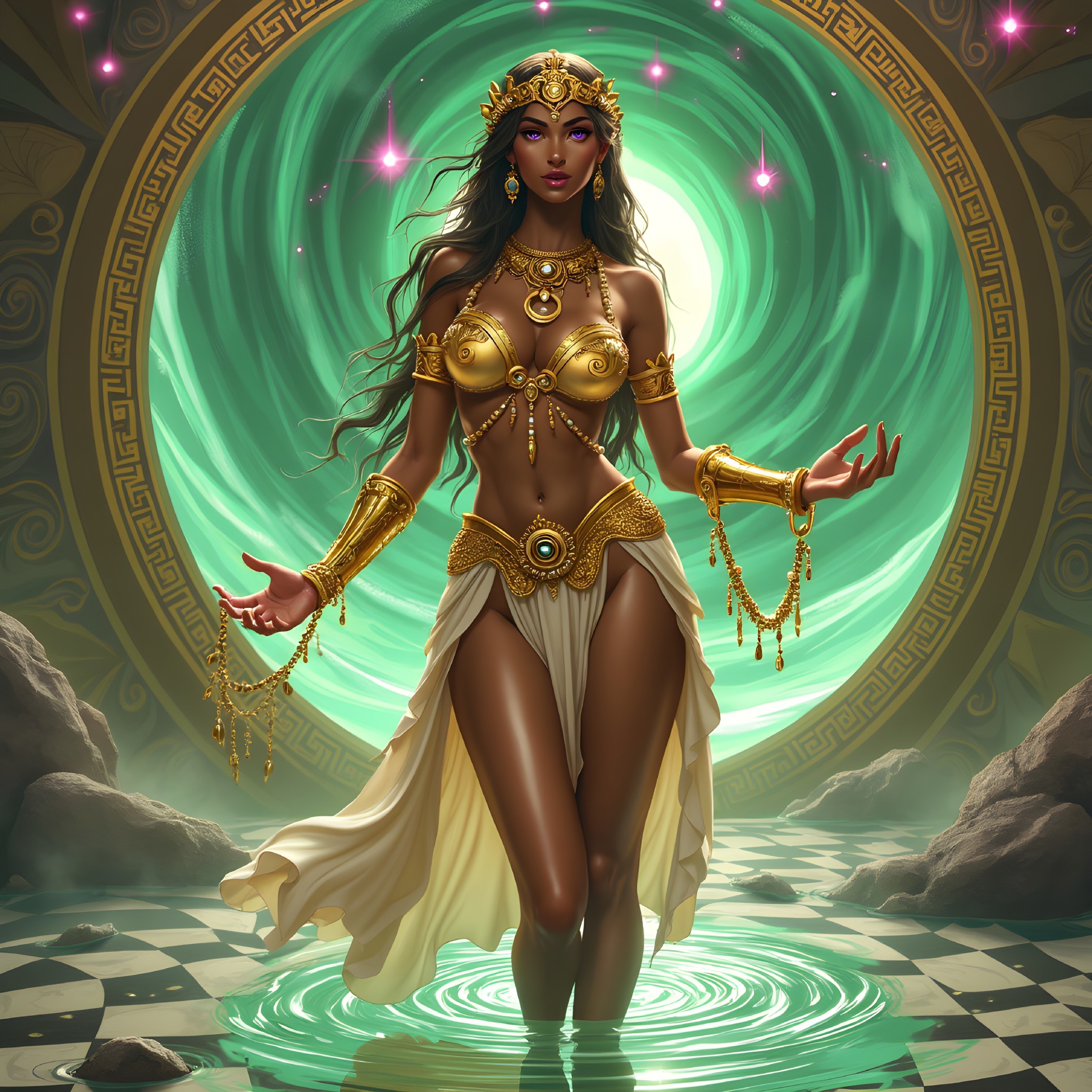 Regal figure in gold jewelry by a mystical portal