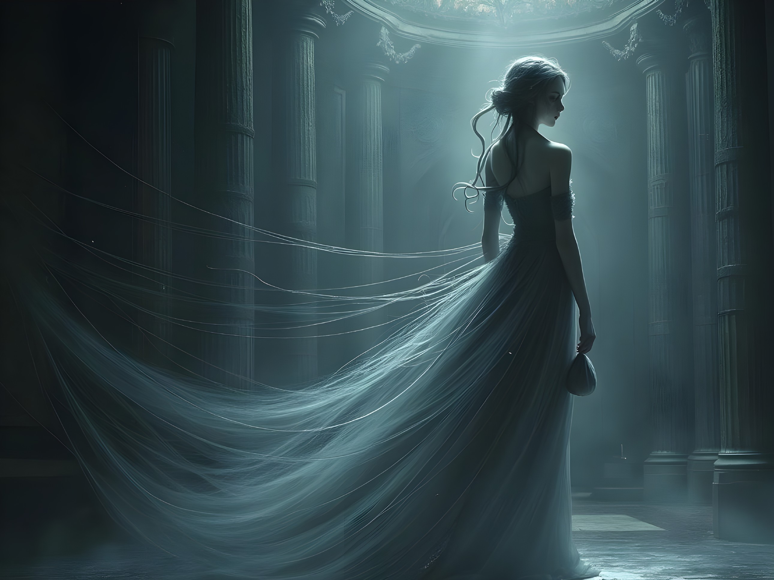 Ethereal Figure in Dimly Lit Grand Hall Setting