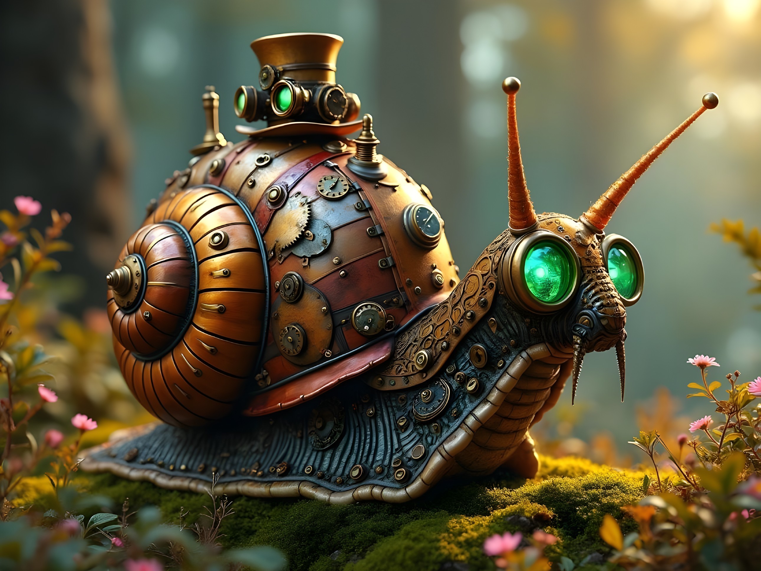 Whimsical Steampunk Snail in a Colorful Garden