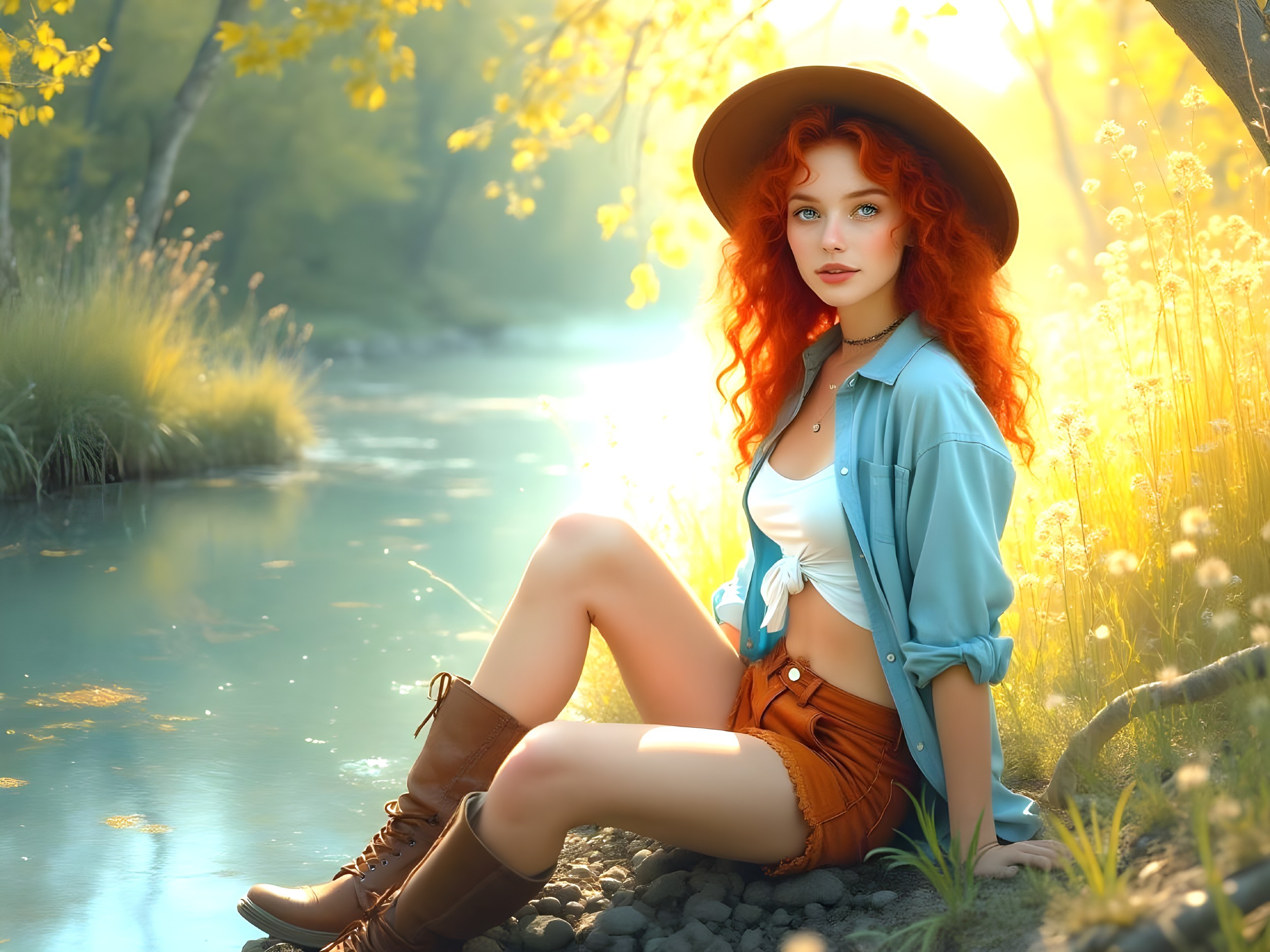 Young Woman by Serene River in Golden Sunlight