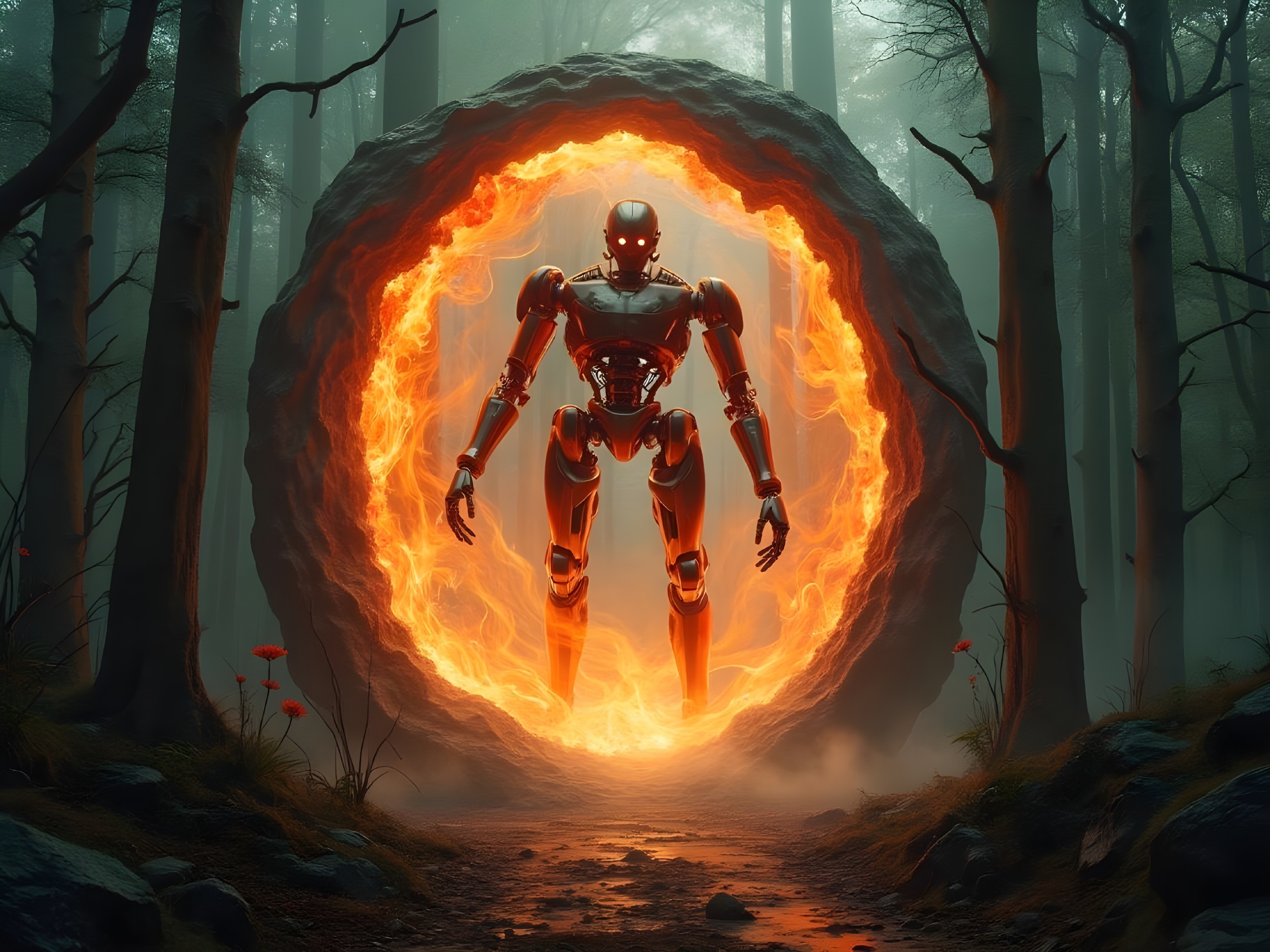 Futuristic Robot at Glowing Portal in Misty Forest