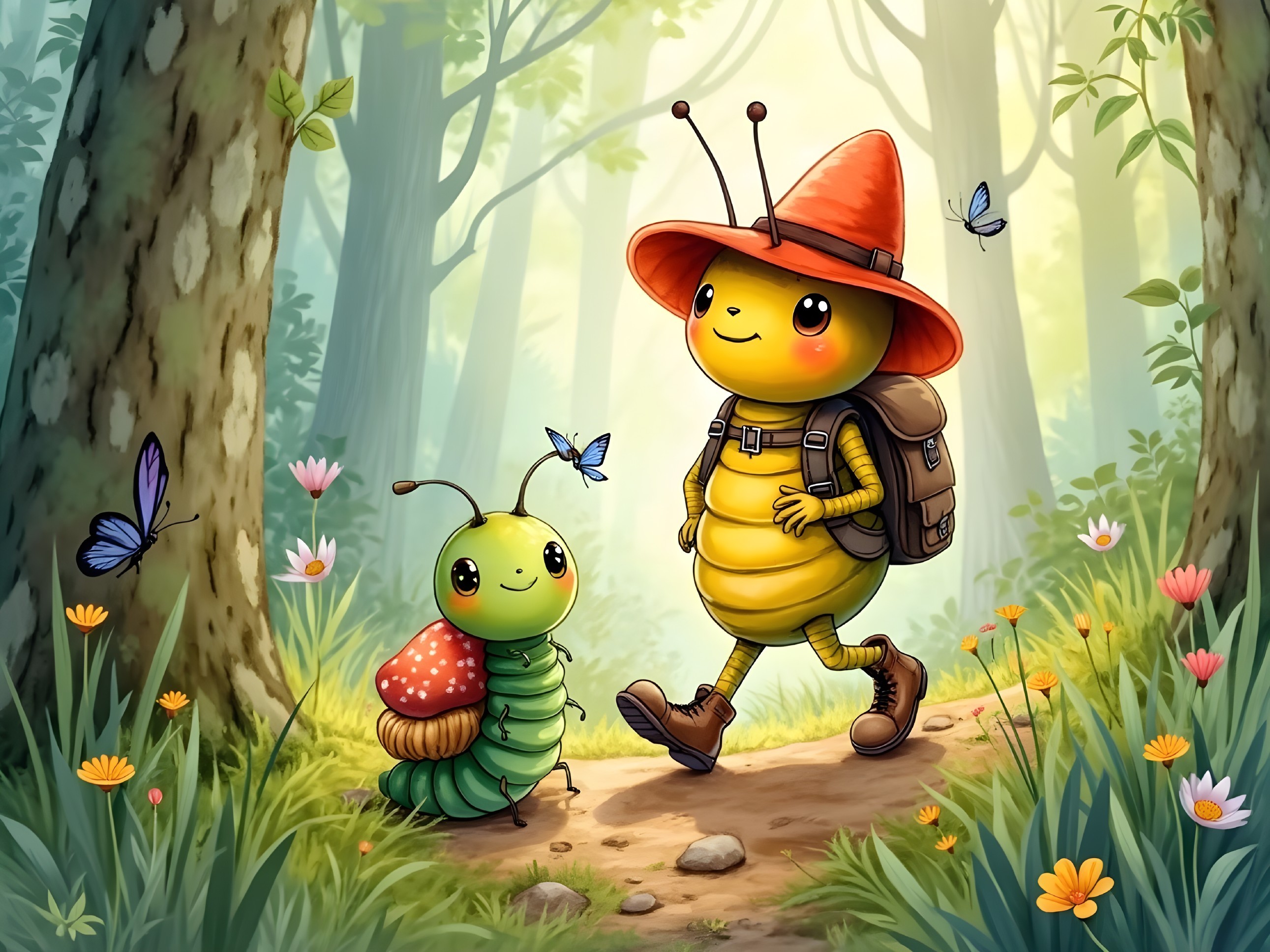 Whimsical Forest Scene with Colorful Insects and Flowers