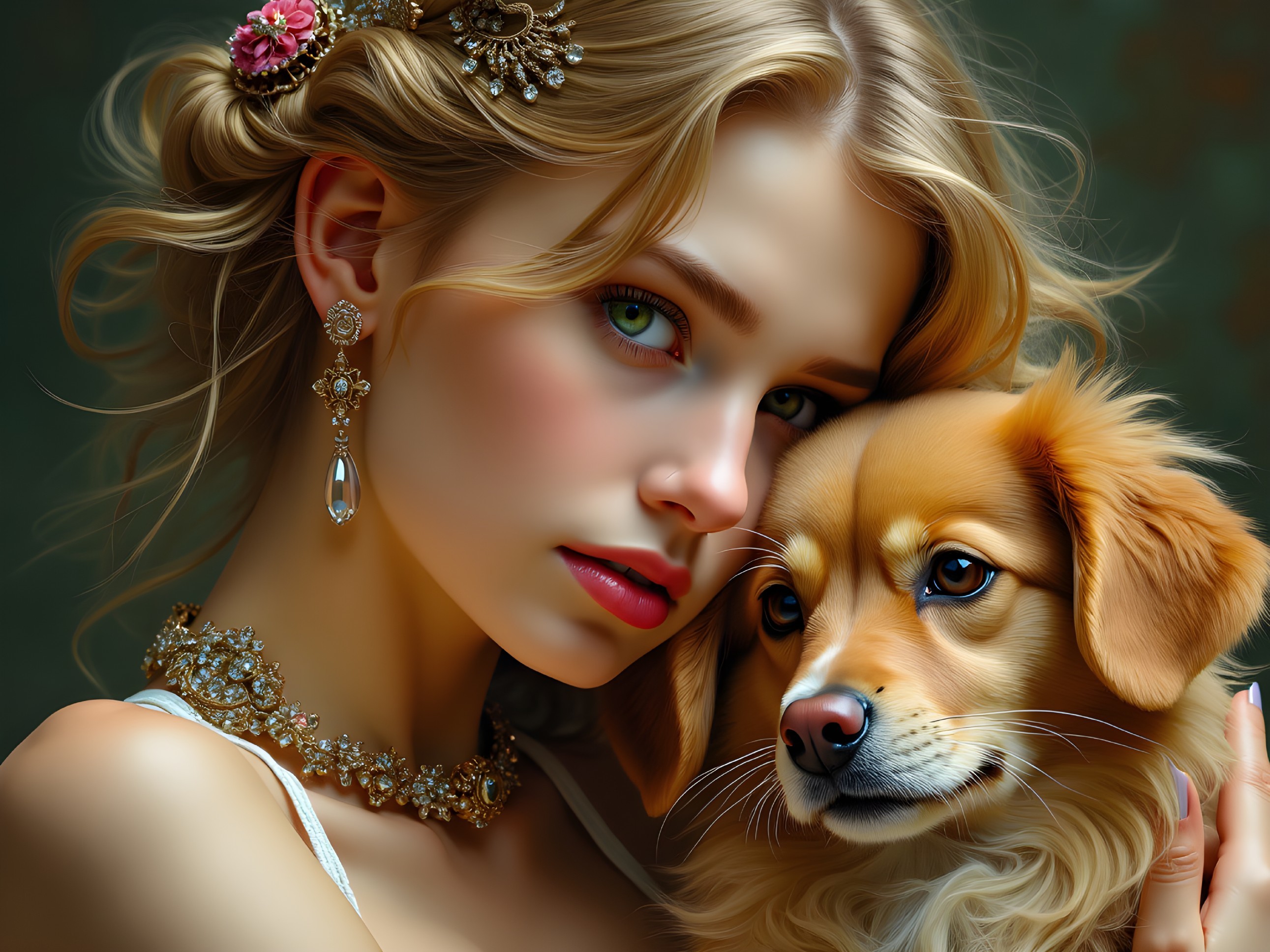 Young Woman with Golden Dog in Elegant Setting