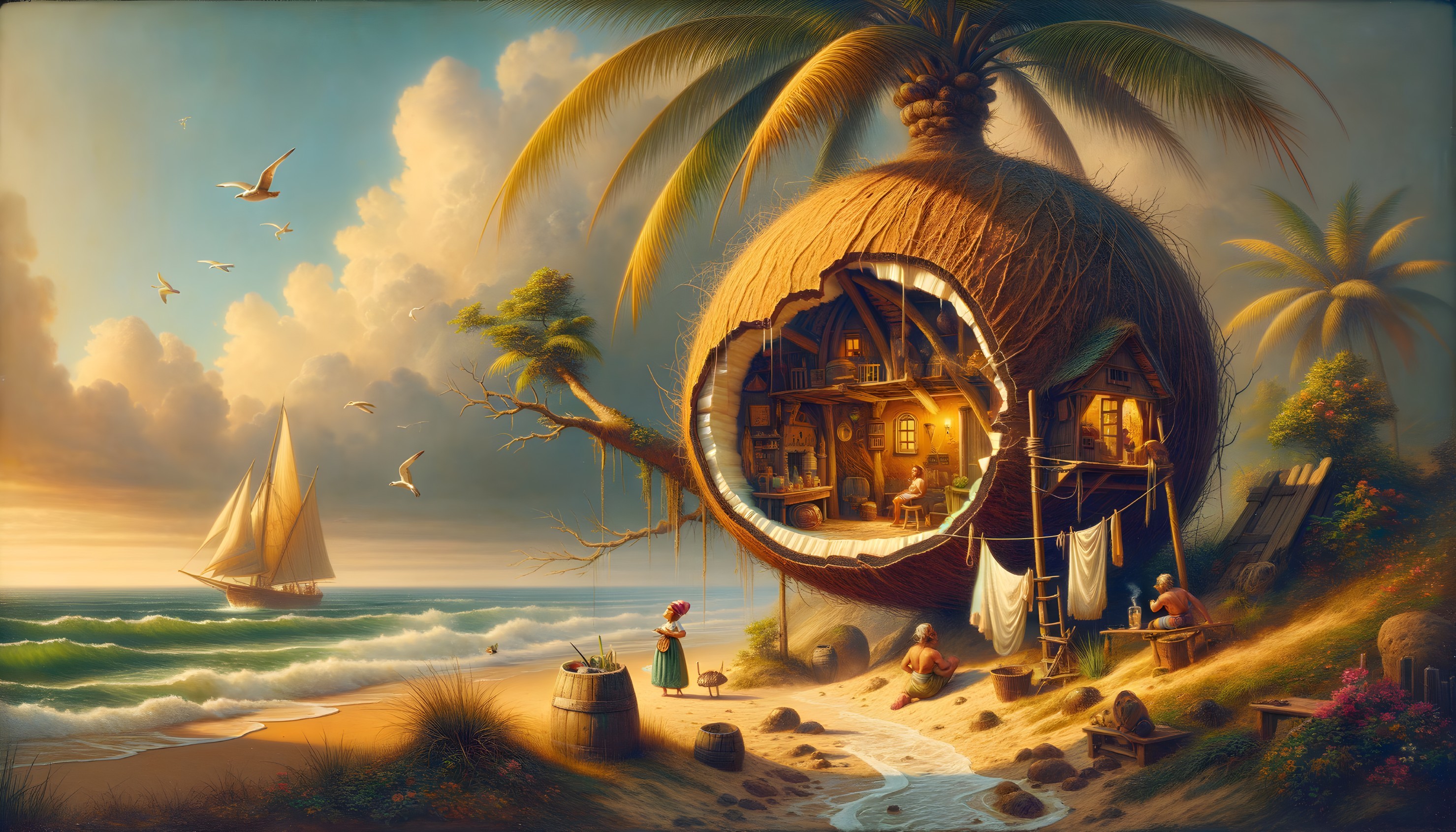 Whimsical Beach Scene with Fruit-Shaped House and Palm Trees