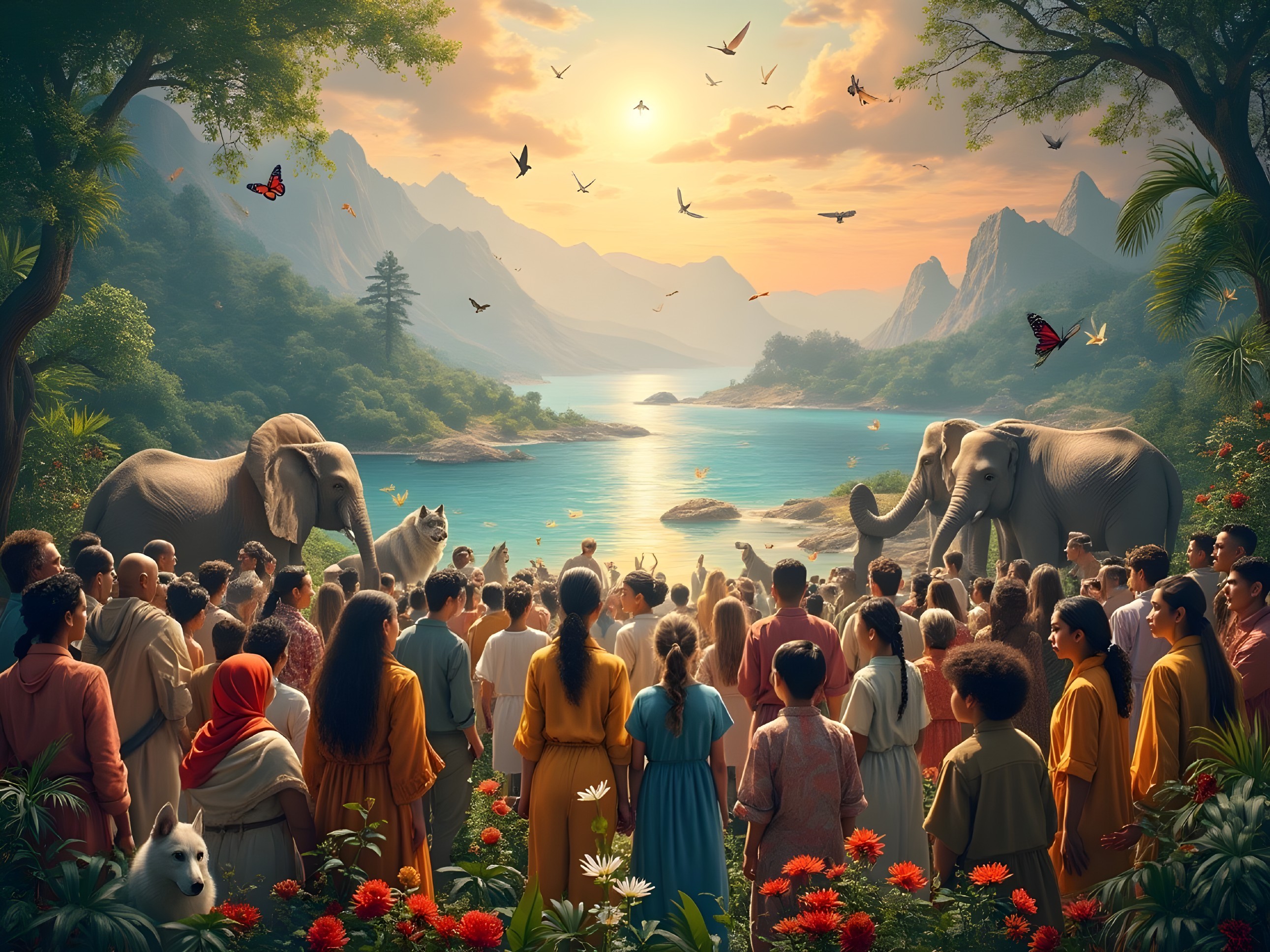 Diverse Group by Serene Lake with Elephants and Mountains